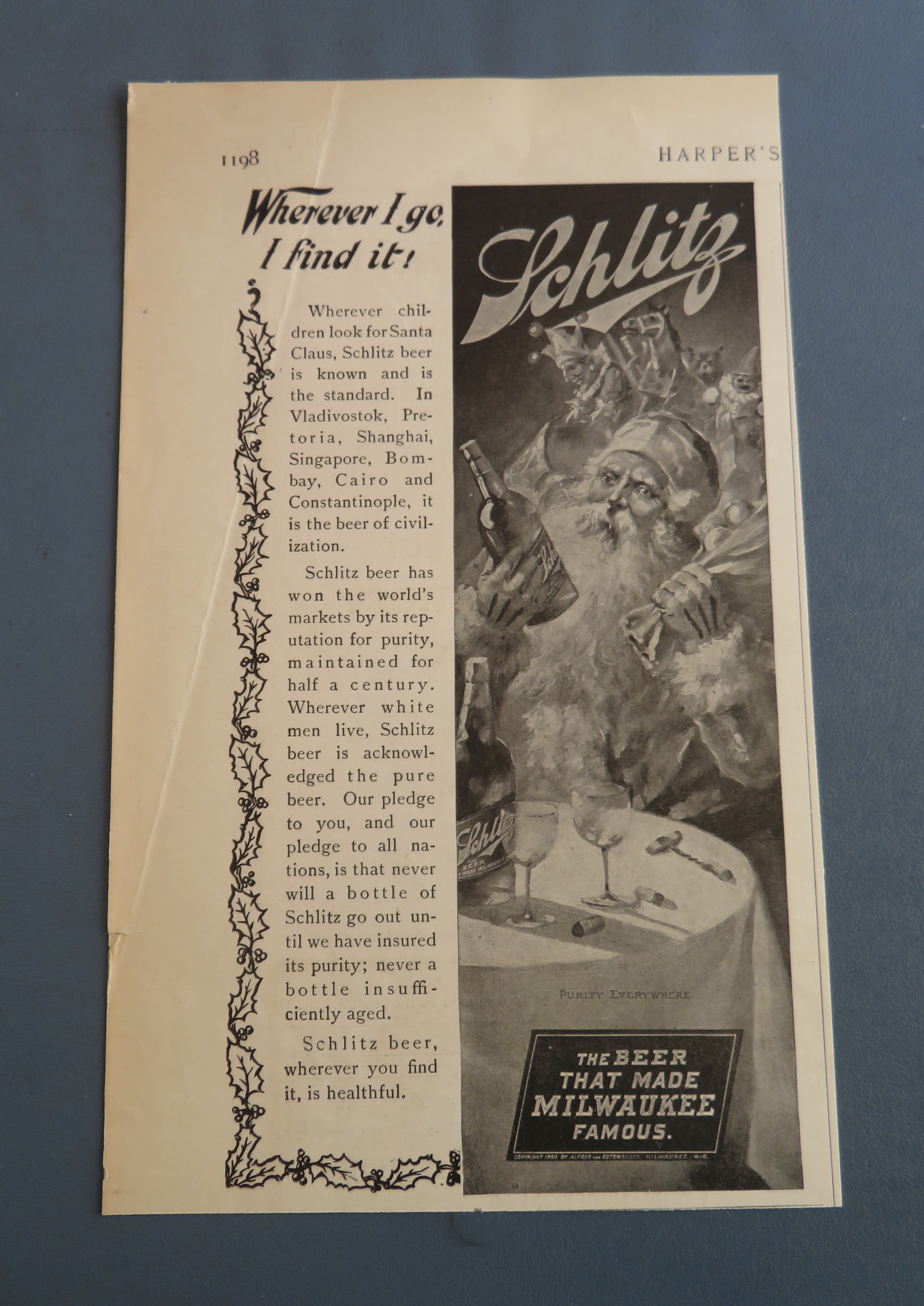 1900 Schlitz Beer with Santa Claus Holding a Bottle