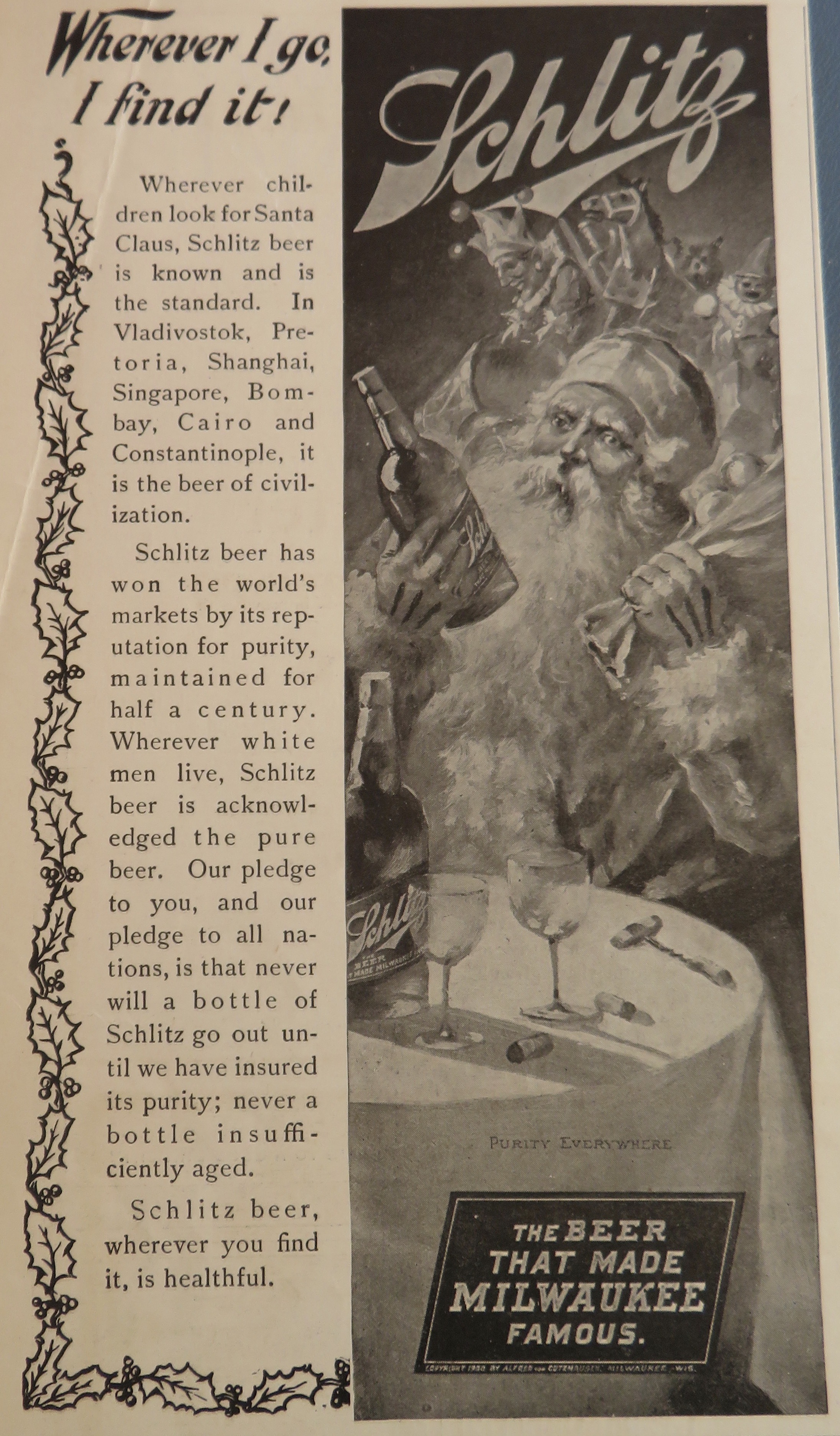 1900 Schlitz Beer with Santa Claus Holding a Bottle