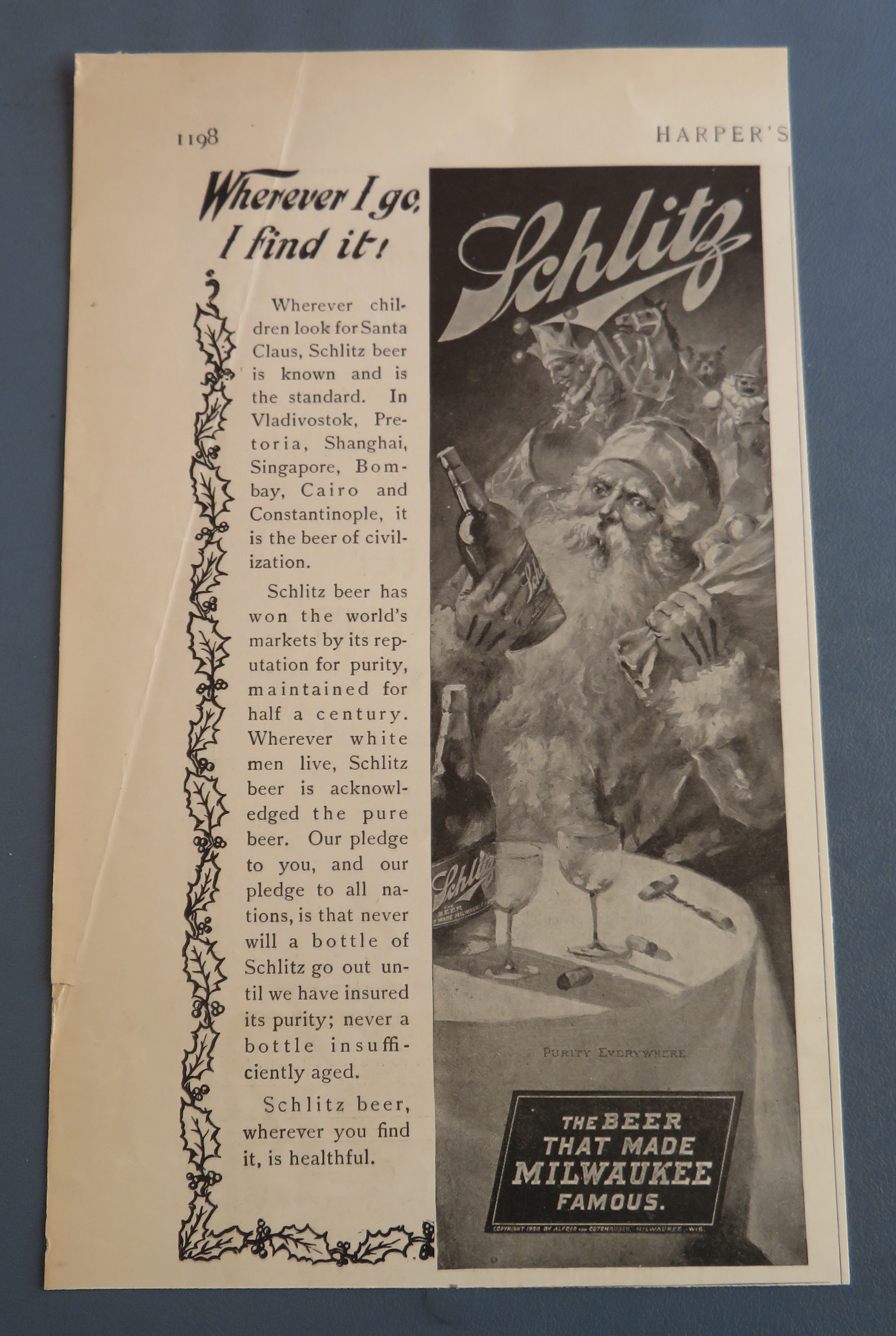 1900 Schlitz Beer with Santa Claus Holding a Bottle