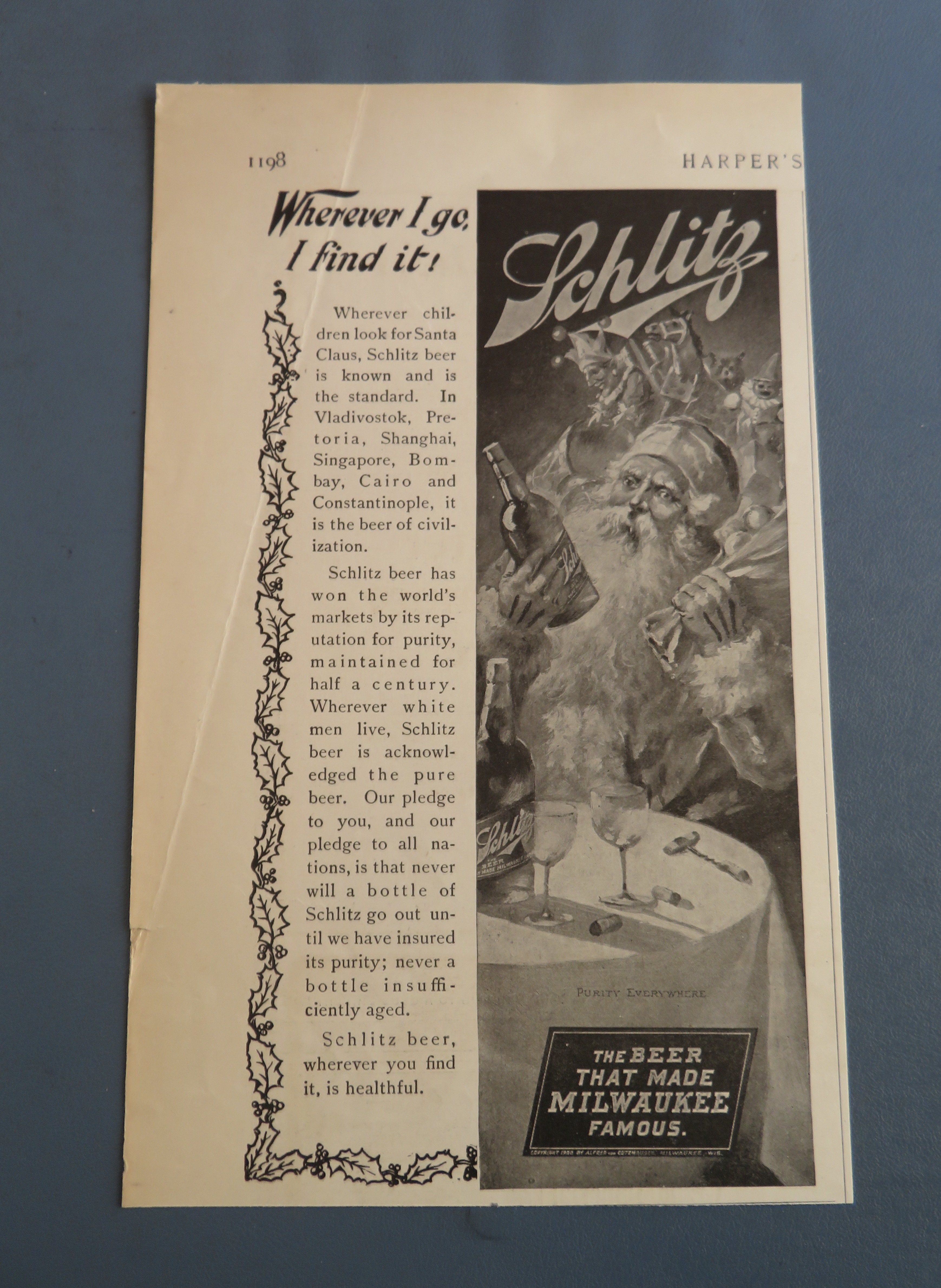 1900 Schlitz Beer with Santa Claus Holding a Bottle