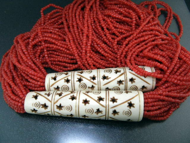 Coral 30 Strand  Glass and Bone Necklace 36 Inch