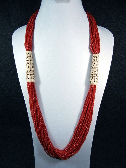 Coral 30 Strand Glass and Bone Necklace 36 Inch