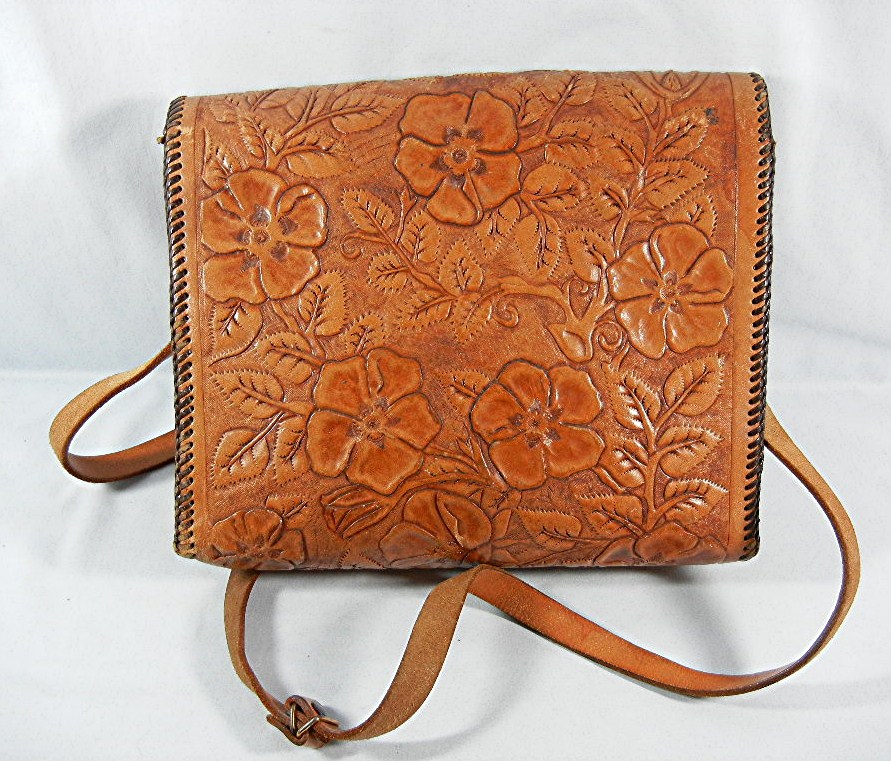 Bag Tan Hand Tooled  Leather Vintage Mexican JOAN