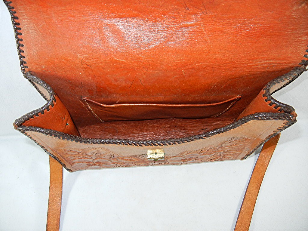 Bag Tan Hand Tooled  Leather Vintage Mexican JOAN
