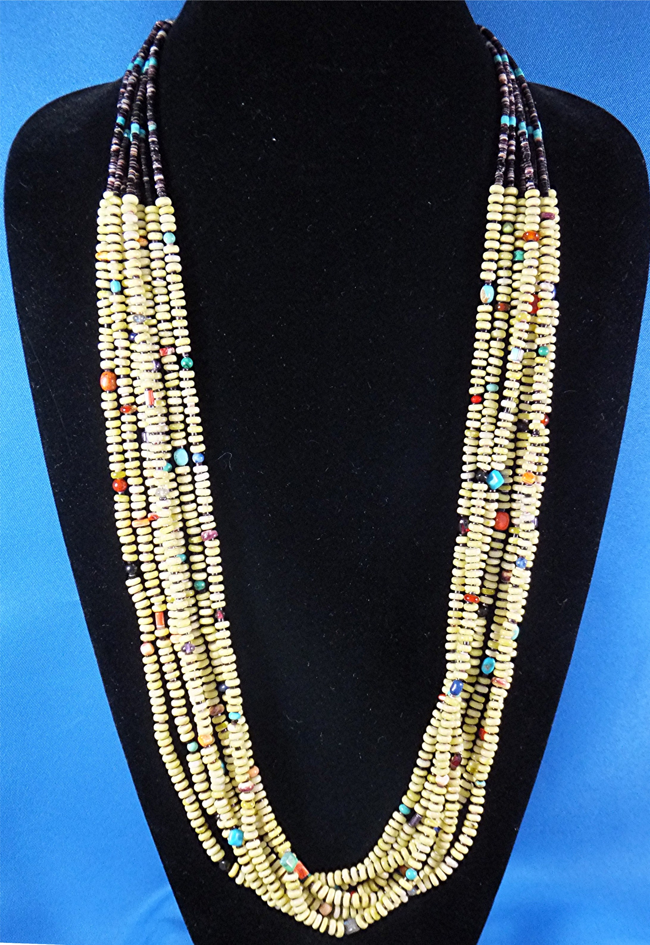 Necklace Serpentine Heishi Sterling Silver 7 Strand USA