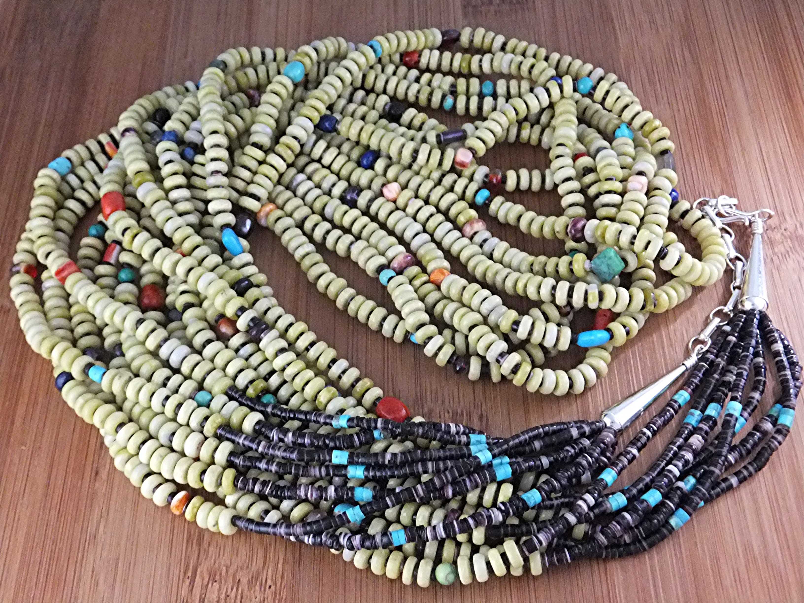 Necklace Serpentine Heishi Sterling Silver 7 Strand USA