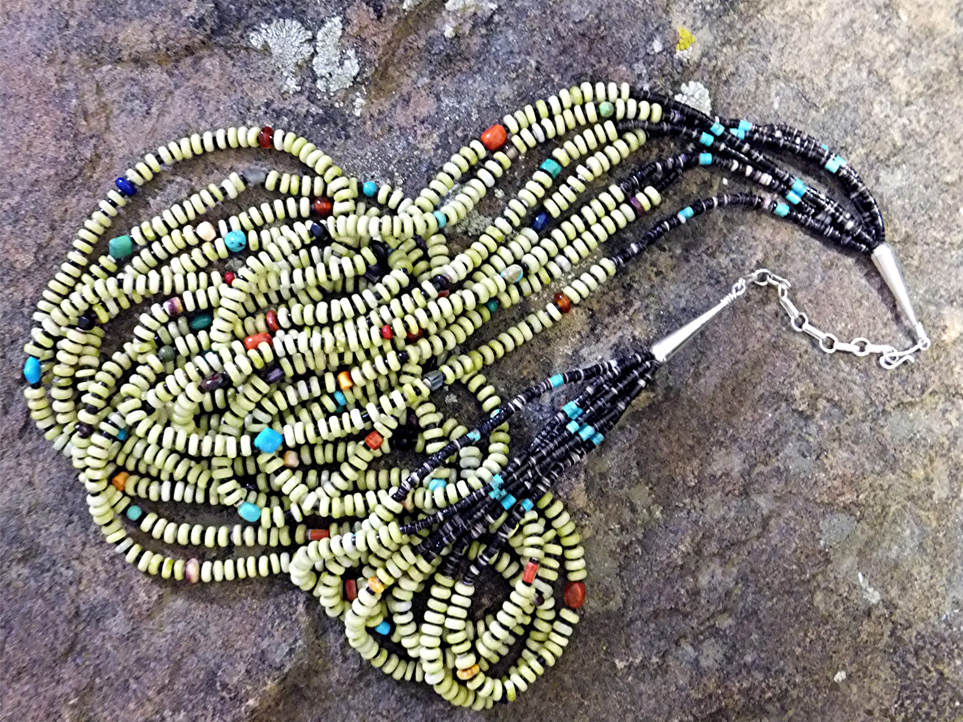 Necklace Serpentine Heishi Sterling Silver 7 Strand USA