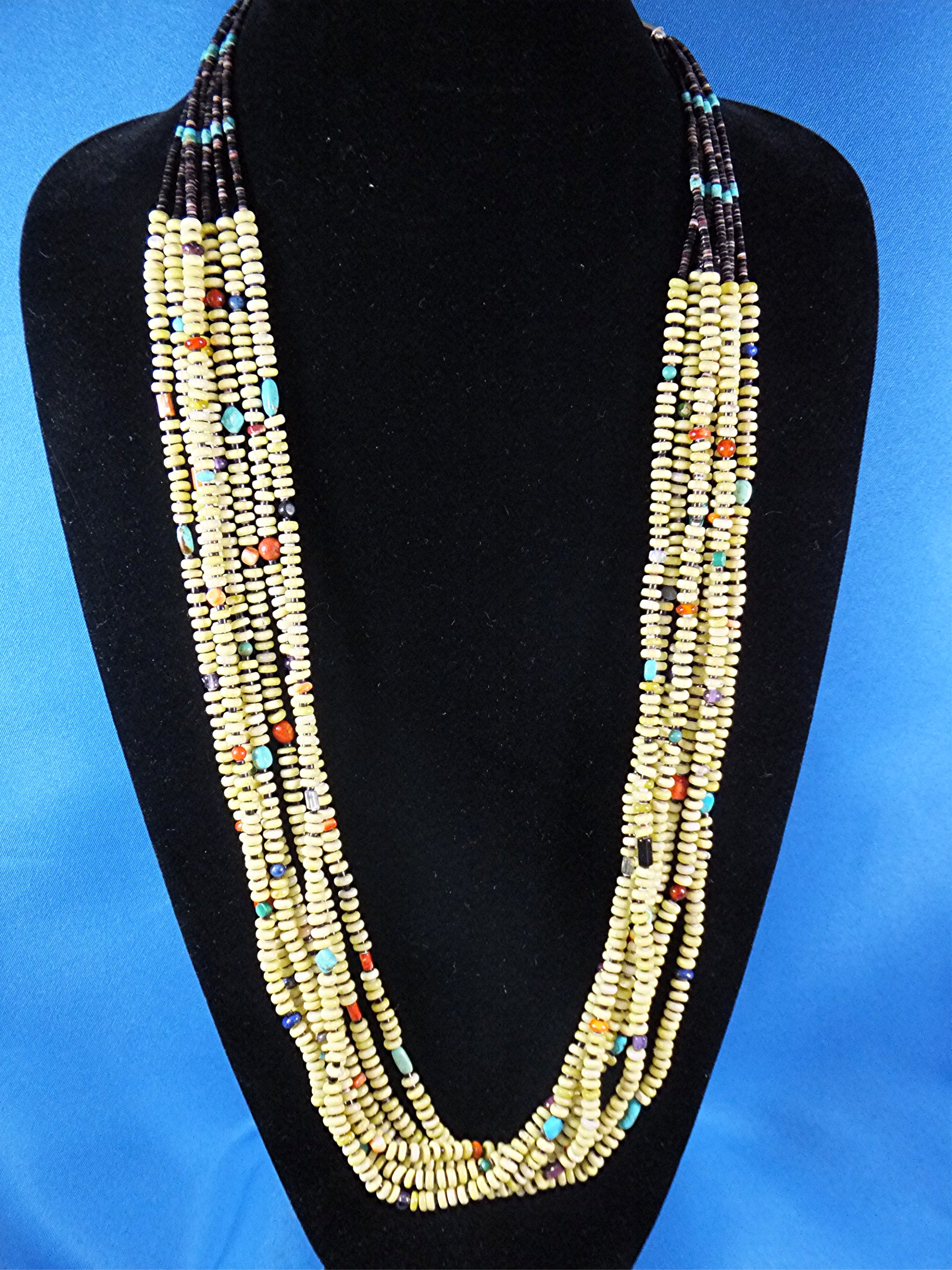 Necklace Serpentine Heishi Sterling Silver 7 Strand USA
