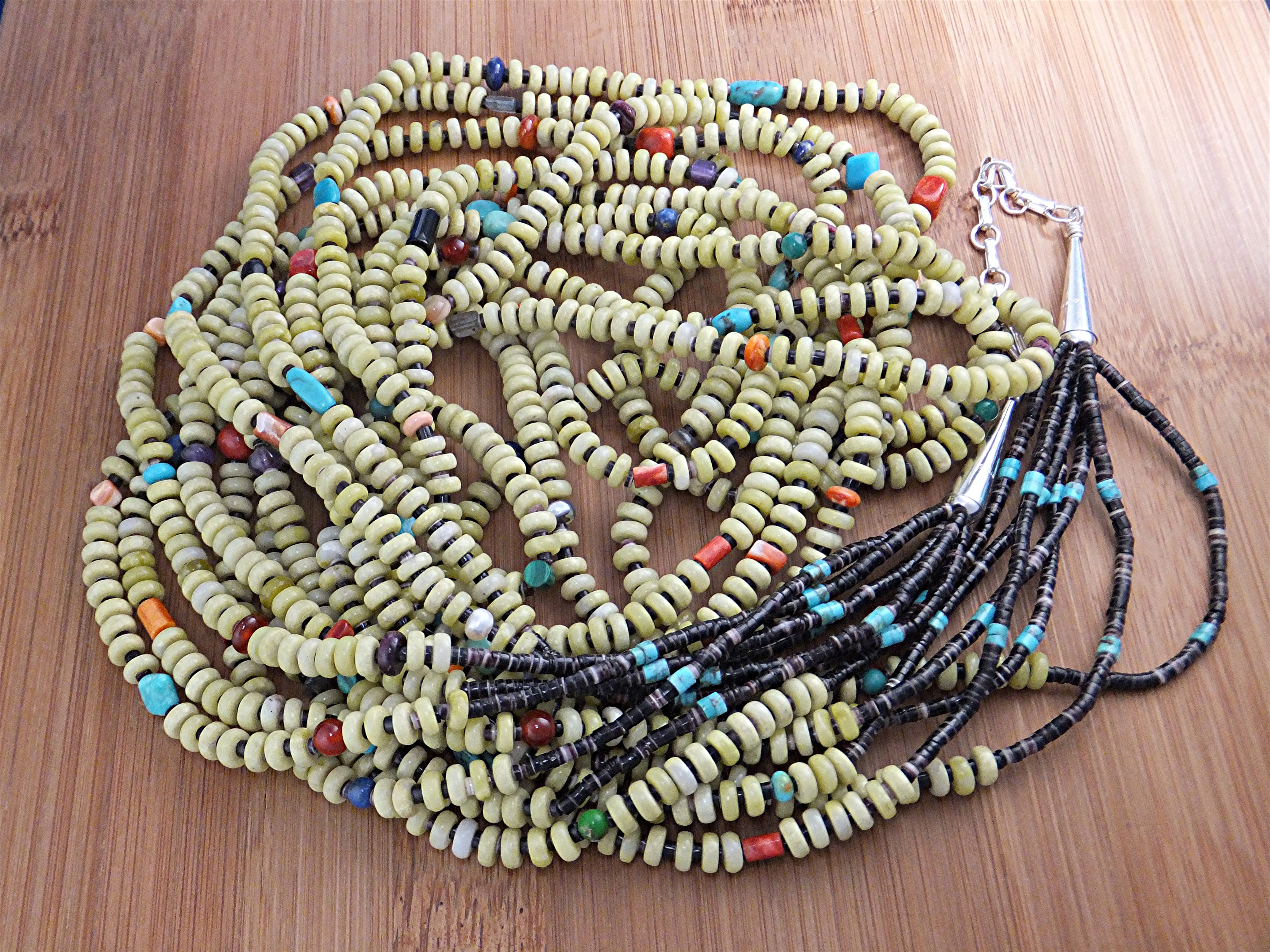 Necklace Serpentine Heishi Sterling Silver 7 Strand USA