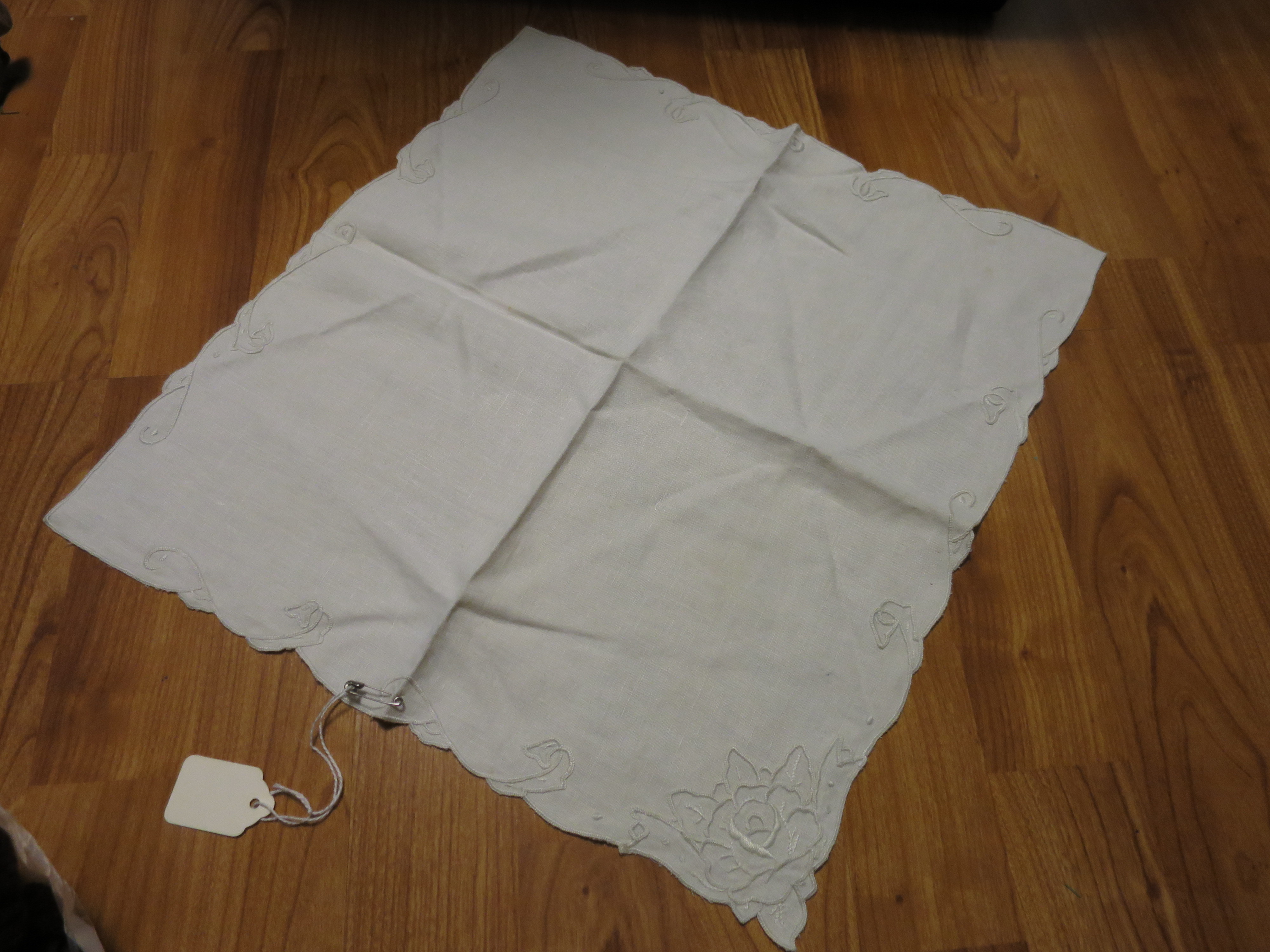 Linen Satin Floral Swirl Stitch Doily off white 16.5 X 15.5 inch