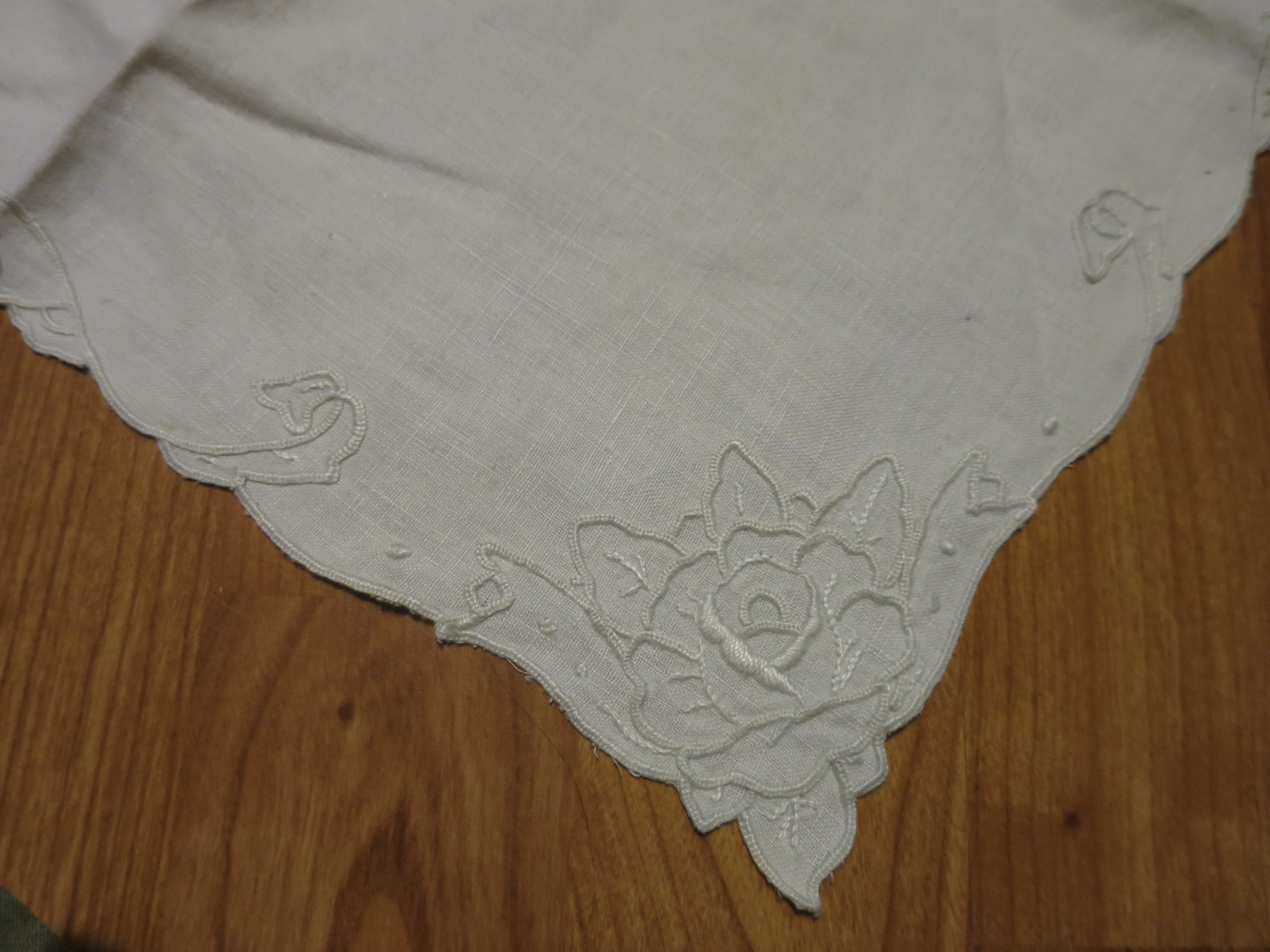 Linen Satin Floral Swirl Stitch Doily off white 16.5 X 15.5 inch