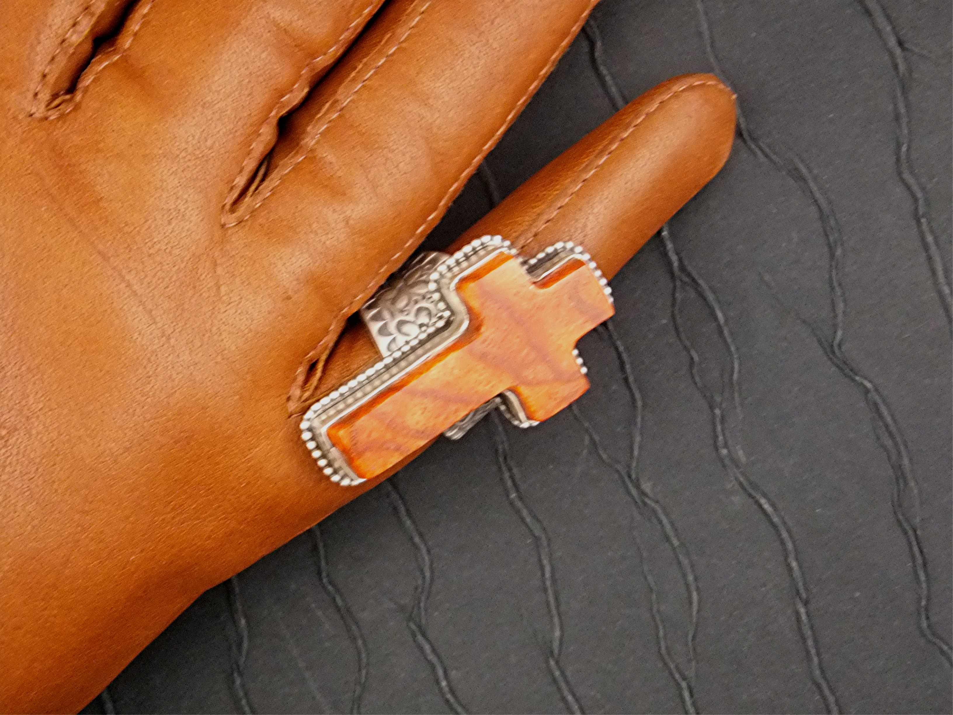 David Troutman Sterling Silver Apple Coral Cross Ring
