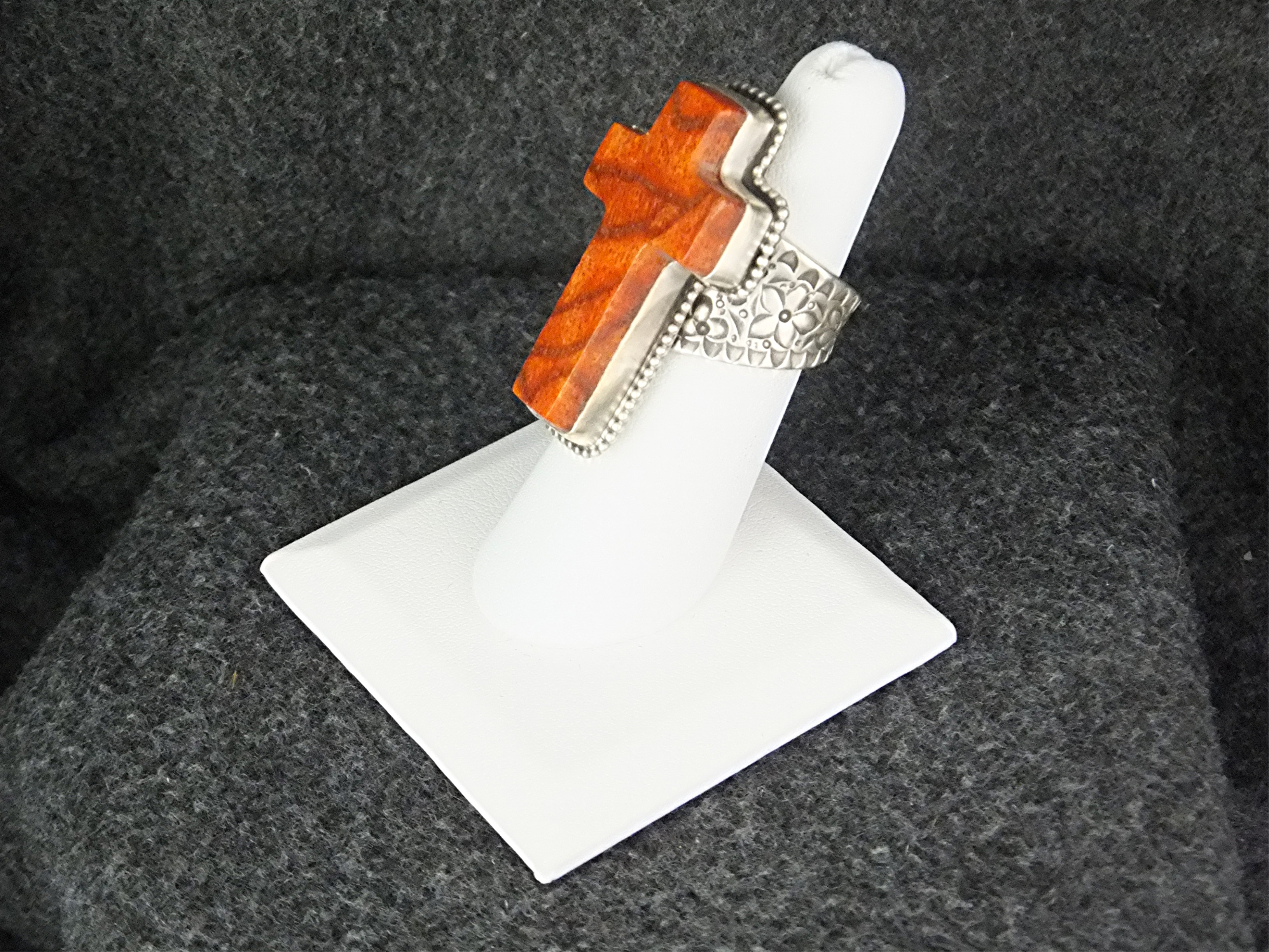 David Troutman Sterling Silver Apple Coral Cross Ring
