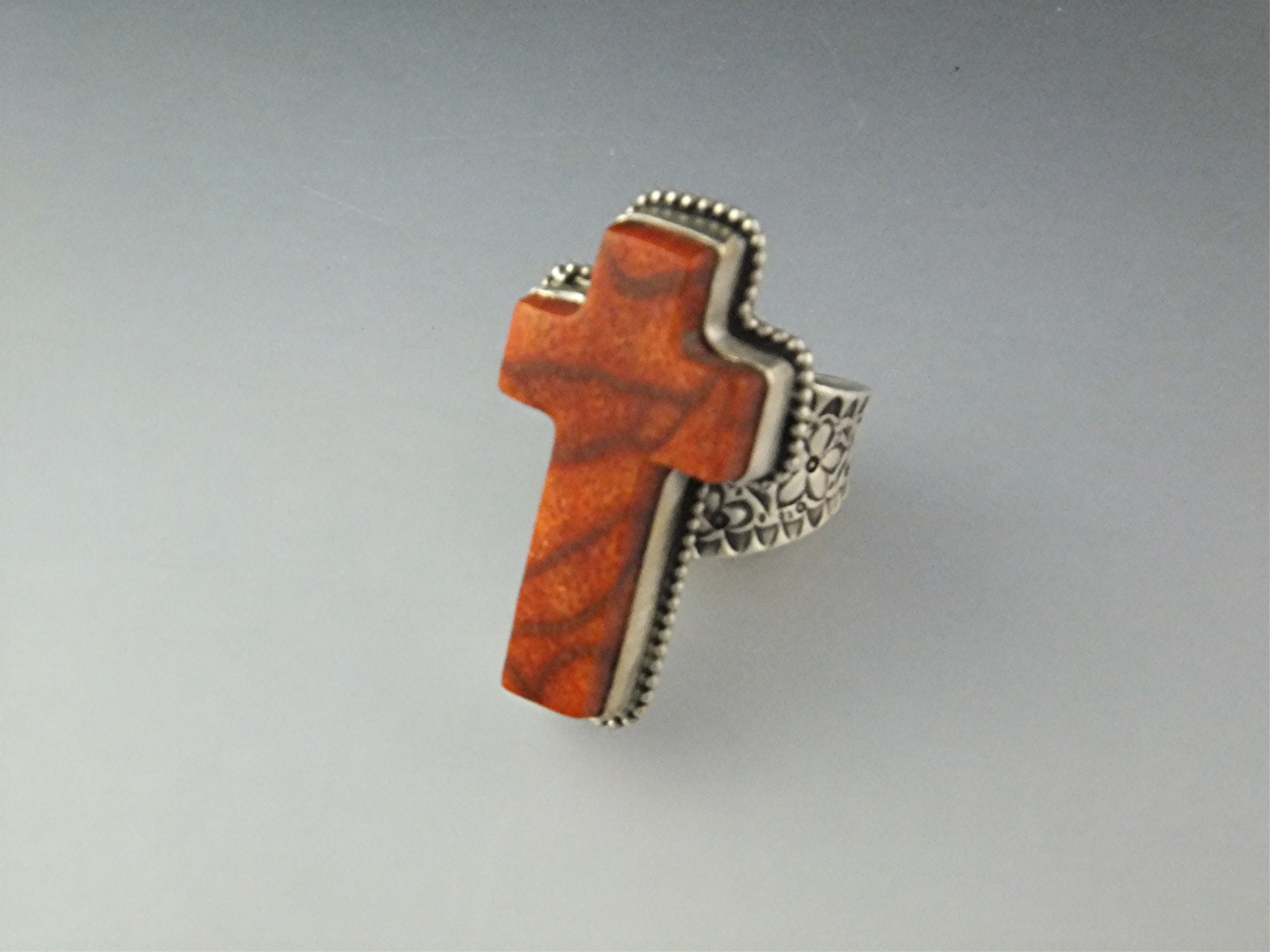David Troutman Sterling Silver Apple Coral Cross Ring