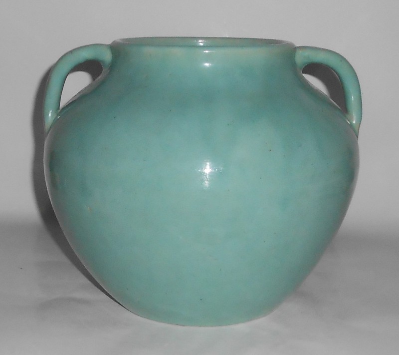 VINTAGE Zanesville Stoneware Art Pottery #B-17 Seacrest Green Twin Handle Vase