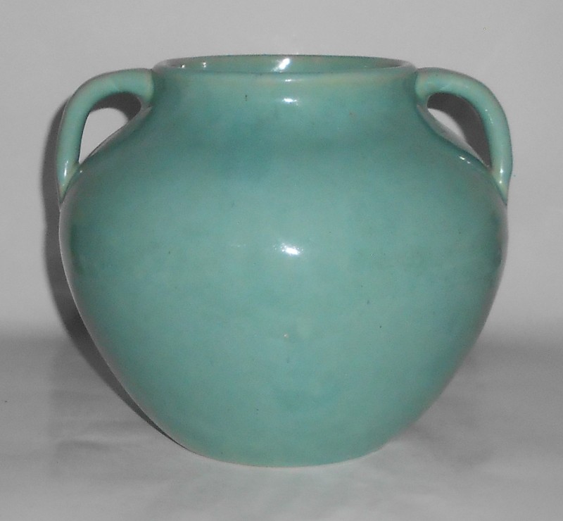 VINTAGE Zanesville Stoneware Art Pottery #B-17 Seacrest Green Twin Handle Vase