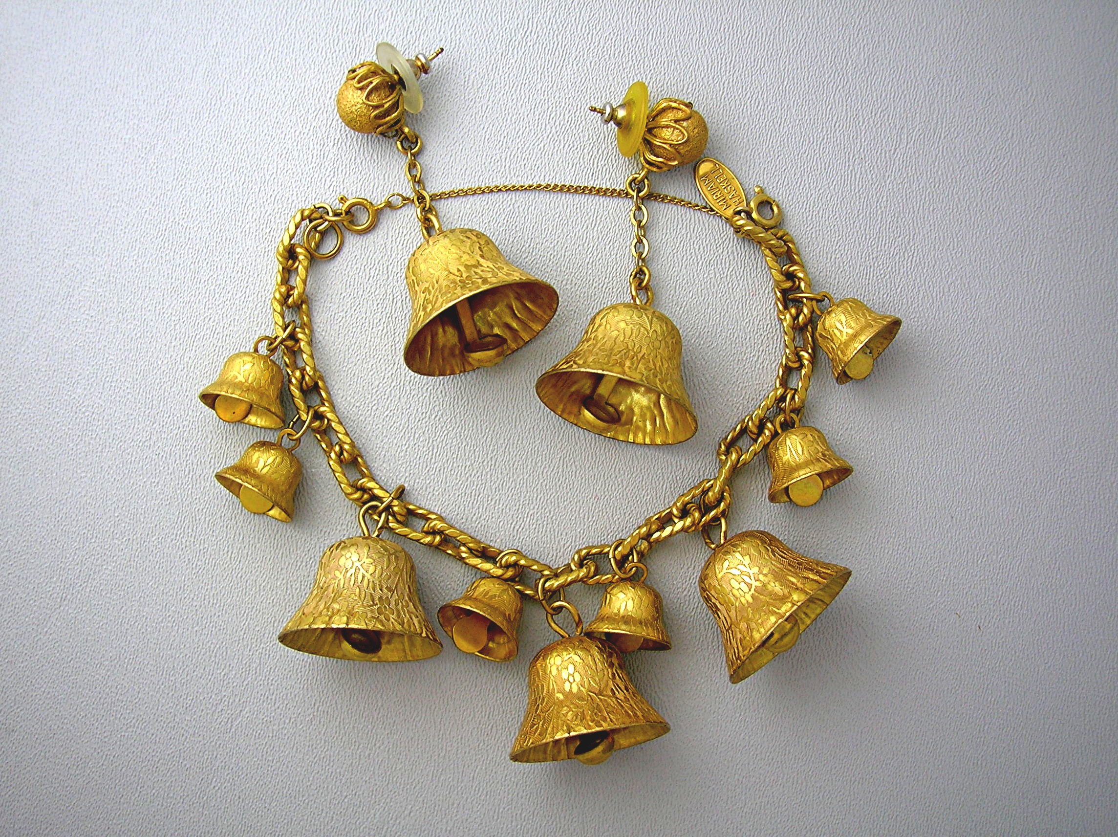 Miriam Haskell Gold Bells Bracelet and Earrings.