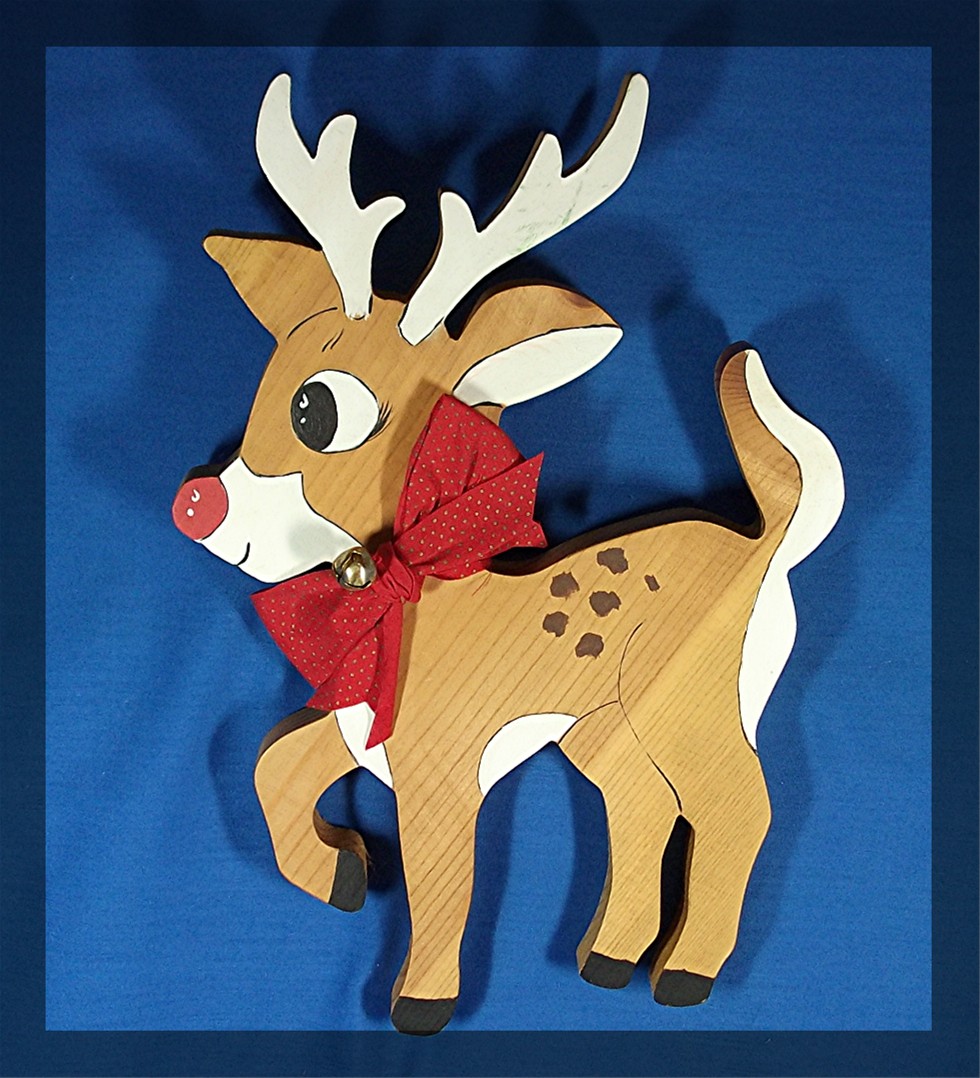 Rudolph the red nosed raindeer, hand made pine wood