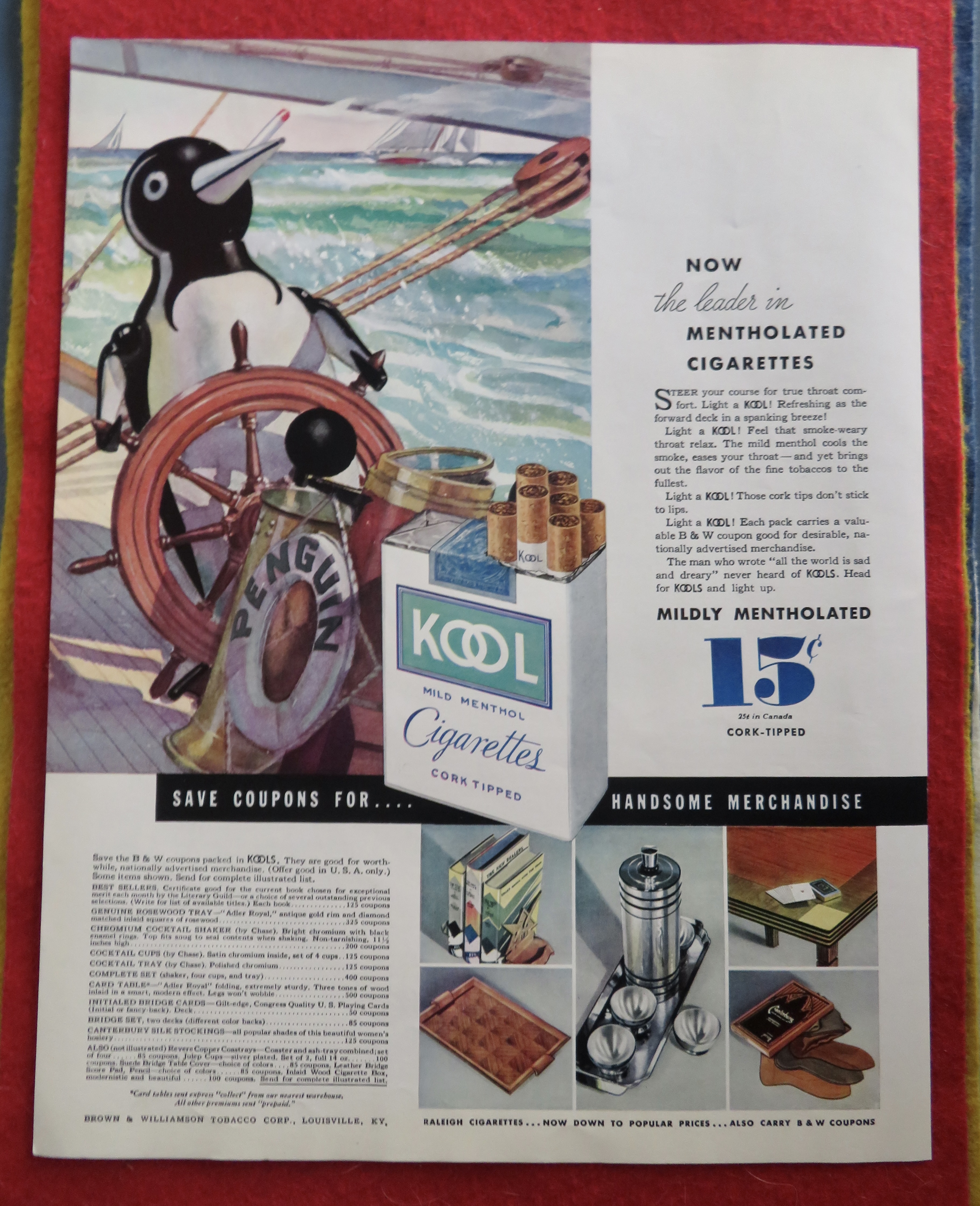 1934 Kool Cigarettes with Penguin Sailing A Boat