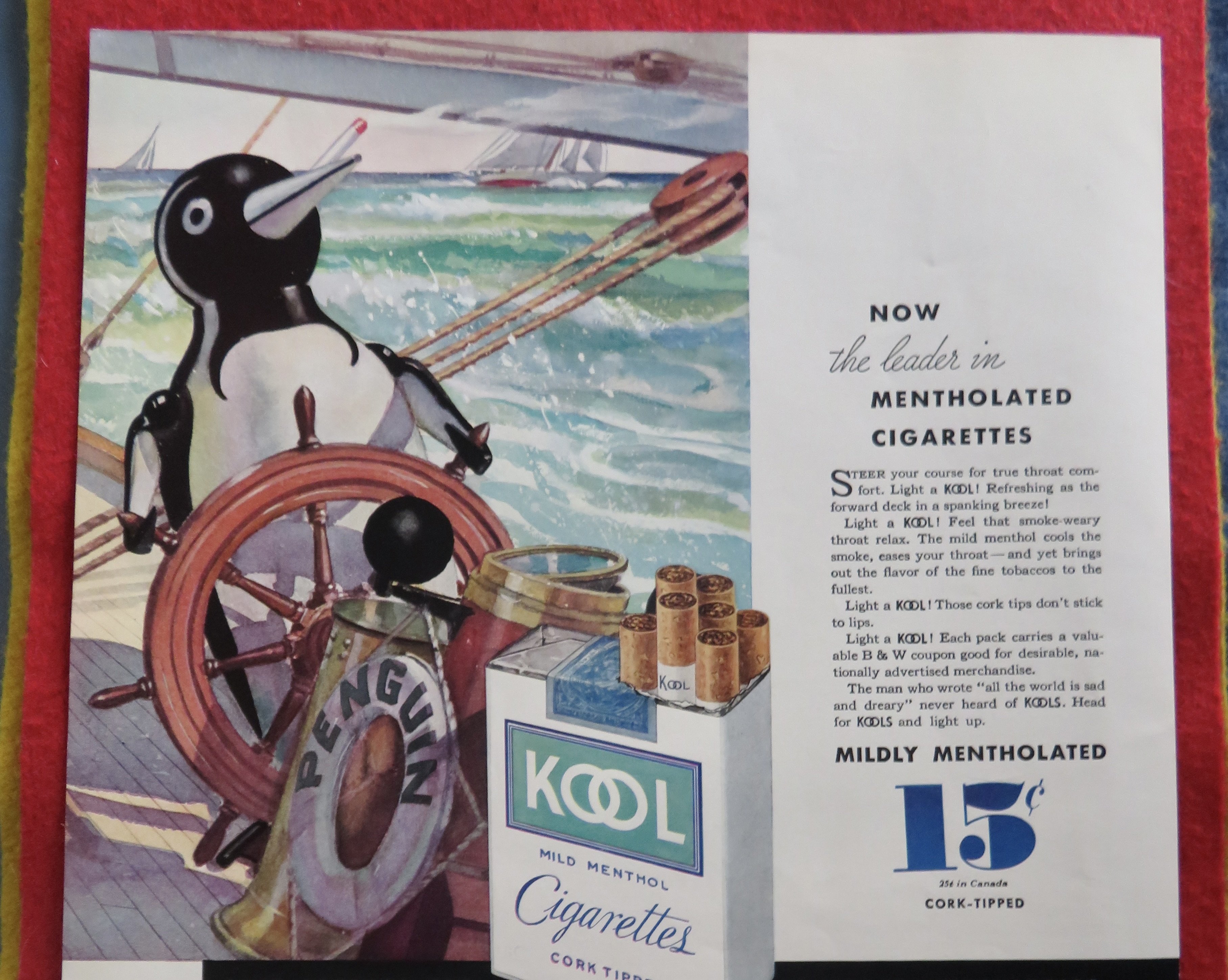 1934 Kool Cigarettes with Penguin Sailing A Boat