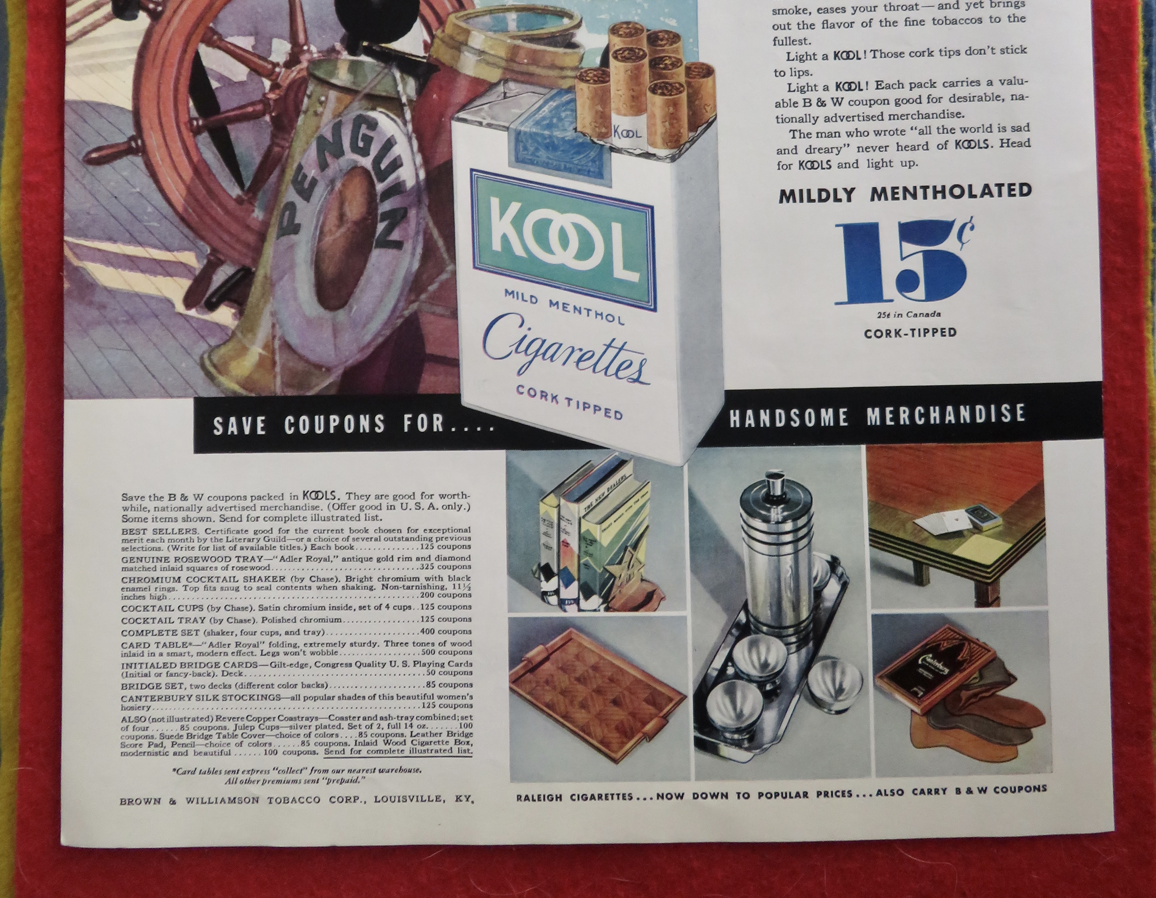 1934 Kool Cigarettes with Penguin Sailing A Boat