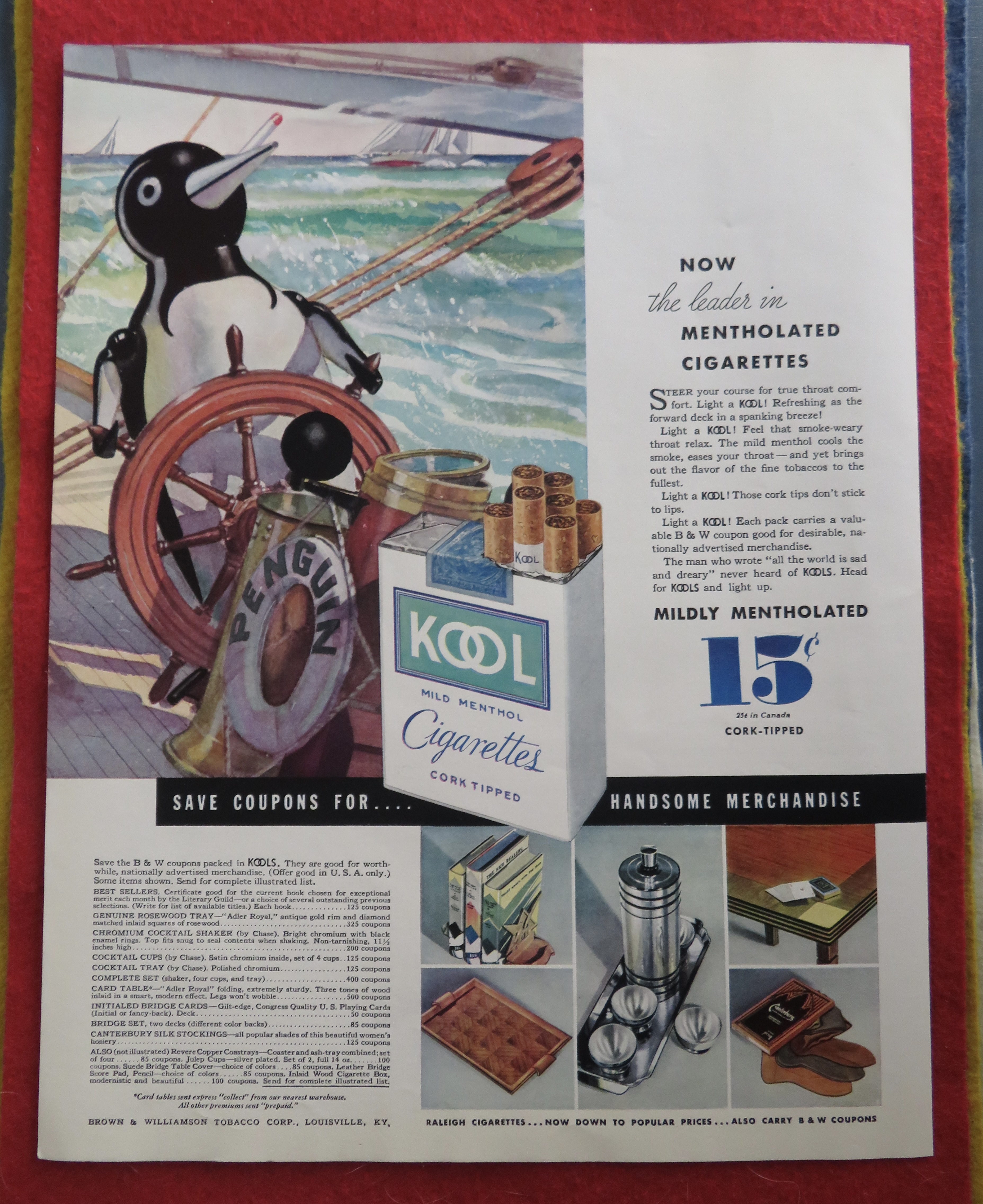 1934 Kool Cigarettes with Penguin Sailing A Boat