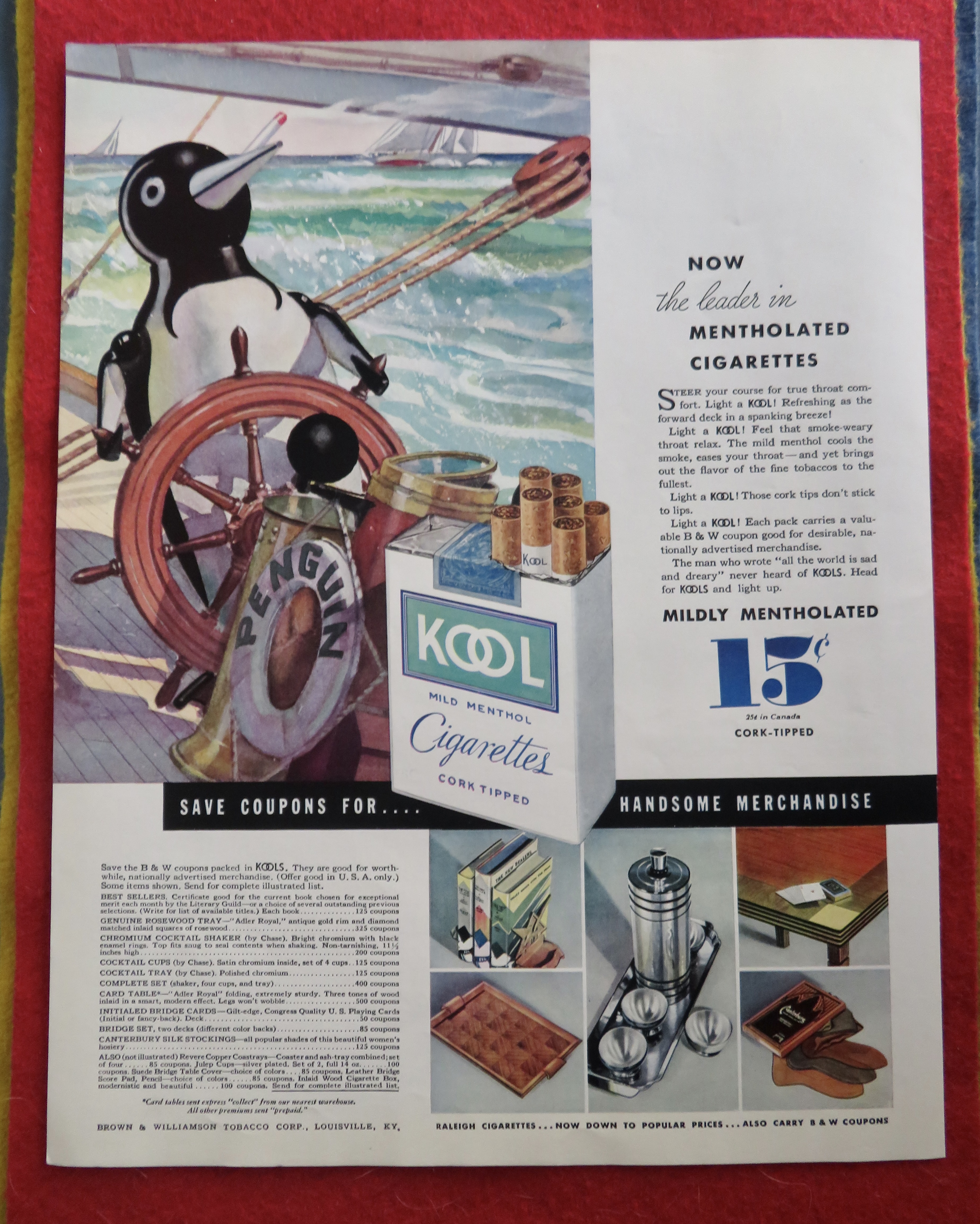 1934 Kool Cigarettes with Penguin Sailing A Boat