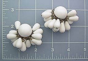 White Lucite Dangle Cluster Clip Earrings Vintage