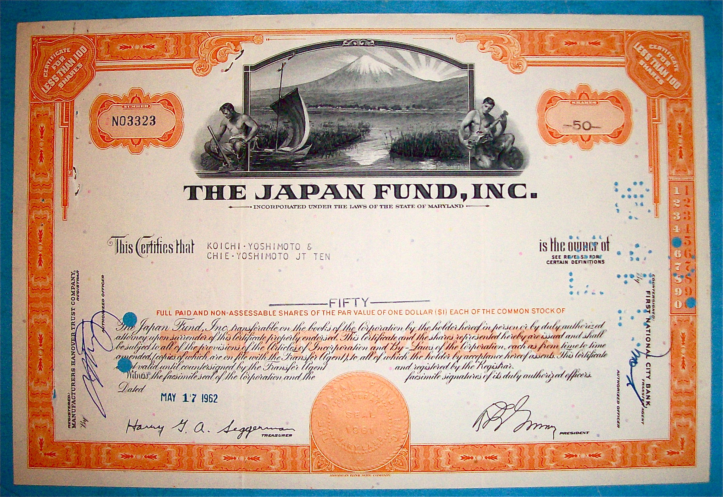 1962 Japan Fund Stock Certificate