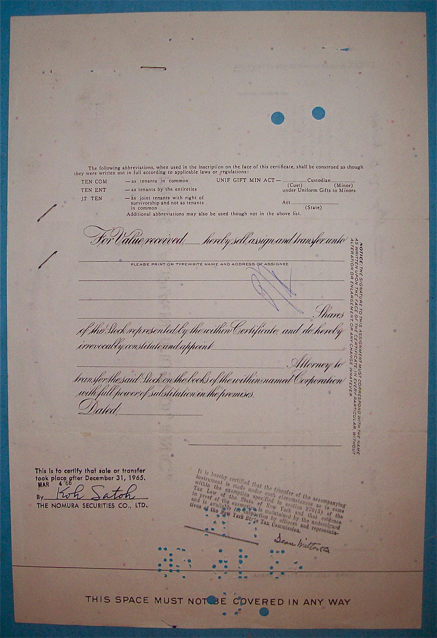 1962 Japan Fund Stock Certificate
