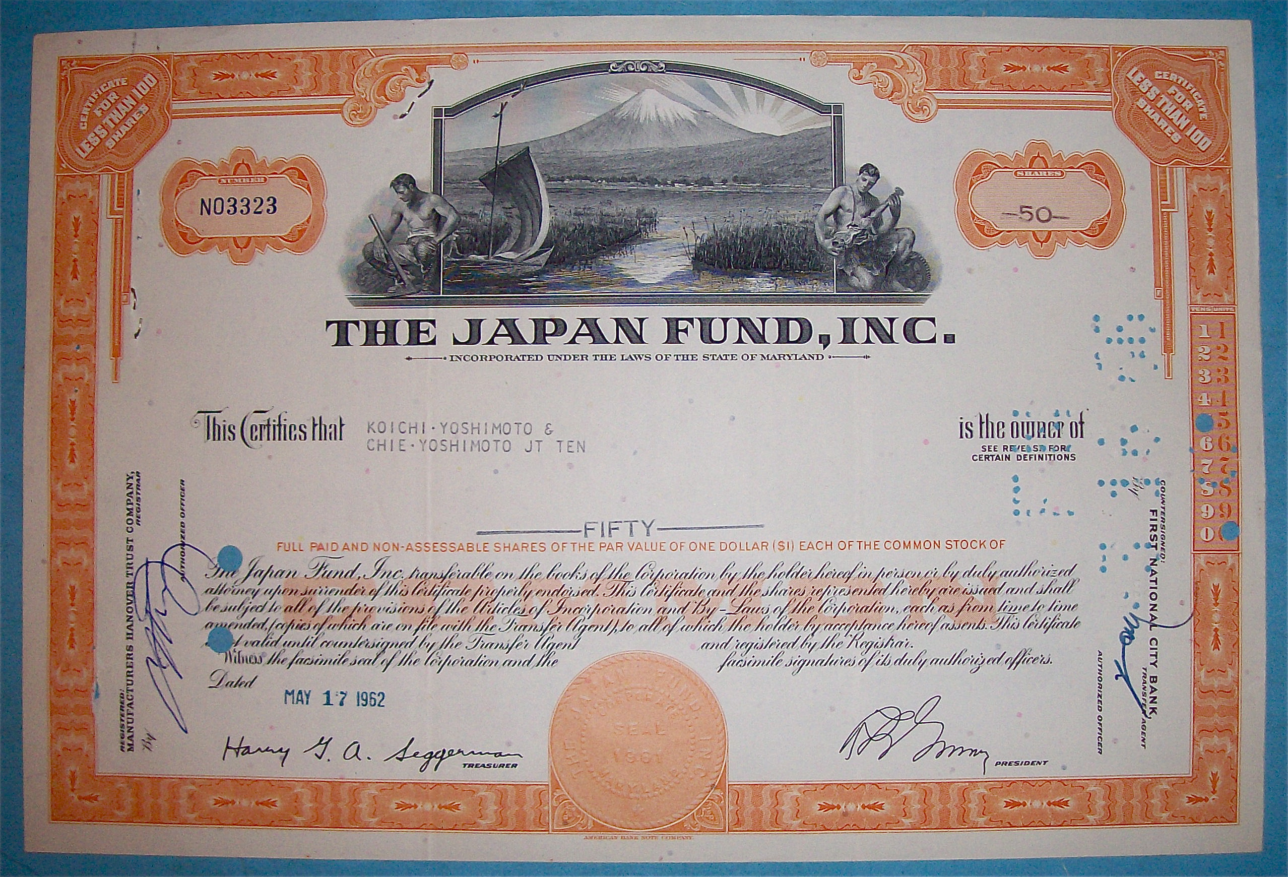 1962 Japan Fund Stock Certificate