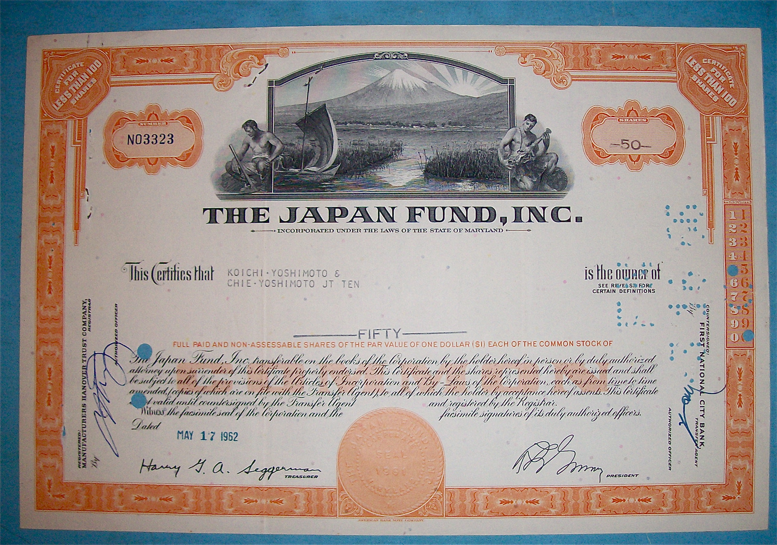 1962 Japan Fund Stock Certificate