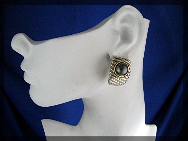 18K Gold Bezel Sterling Silver Hematite Clip Earrings
