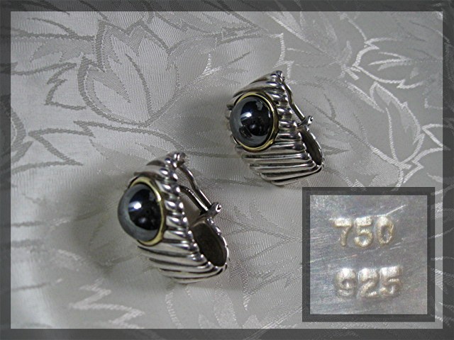 18K Gold Bezel Sterling Silver Hematite Clip Earrings
