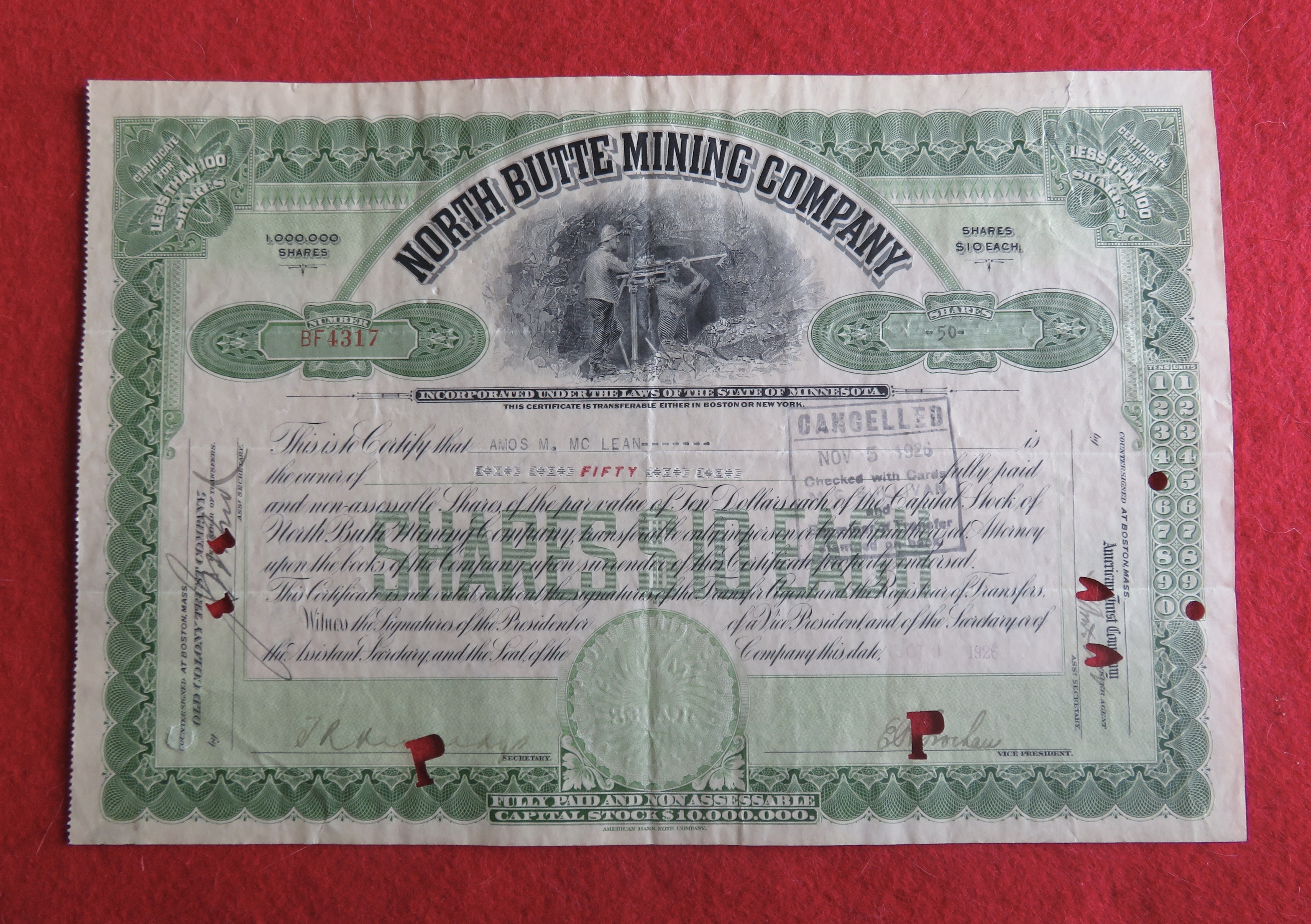 1926 North Butte Mining Company Stock Certificate
