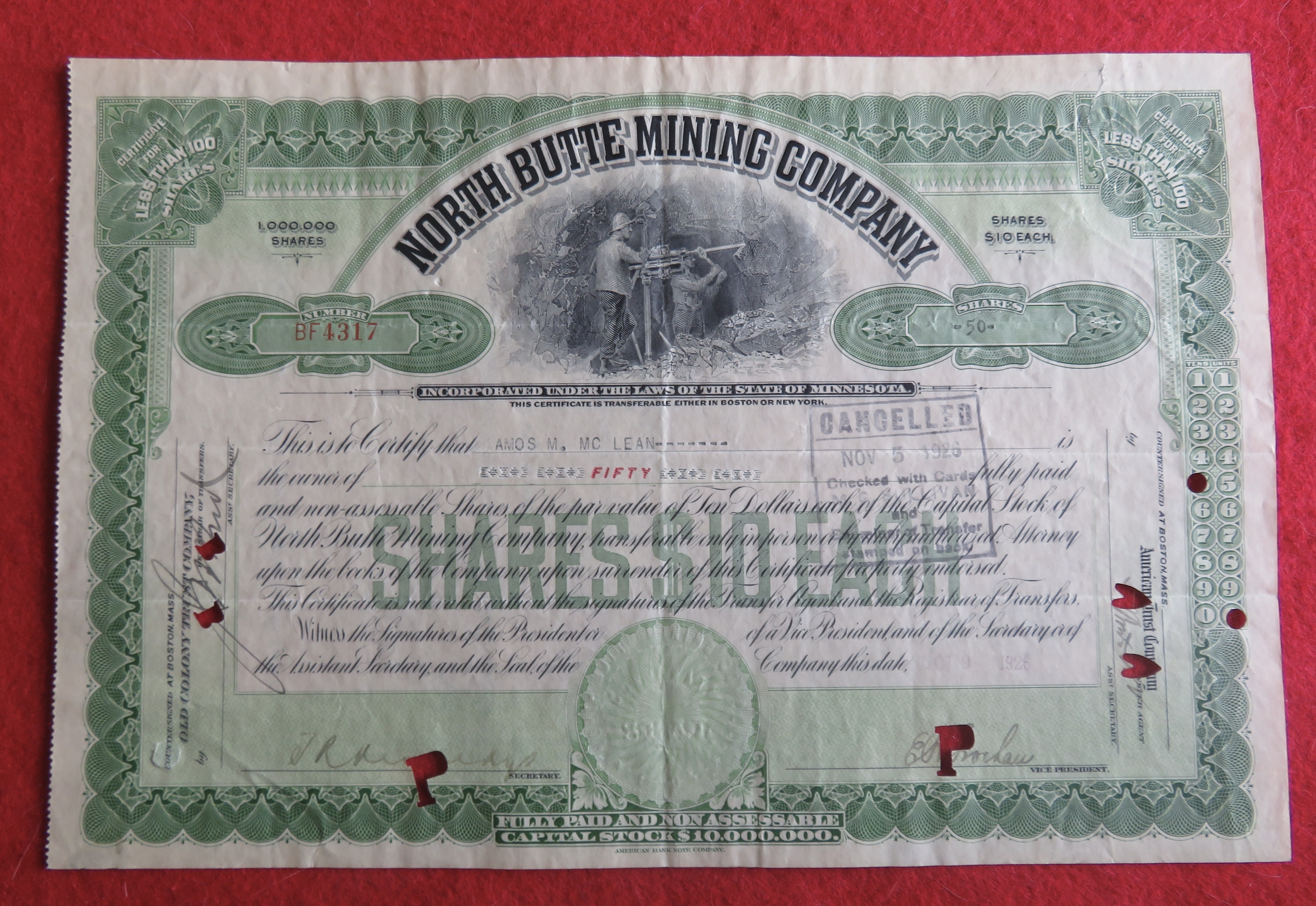 1926 North Butte Mining Company Stock Certificate