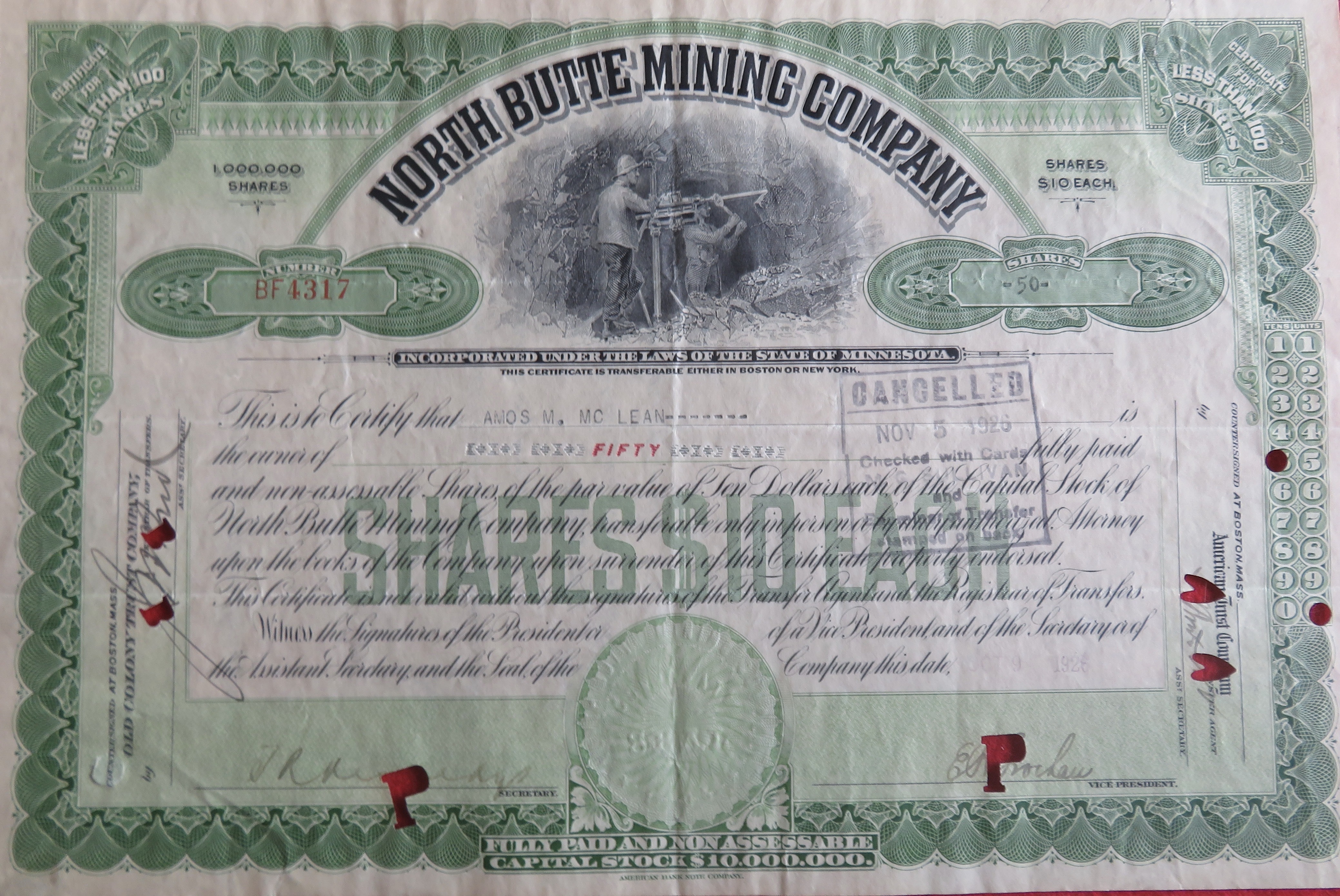 1926 North Butte Mining Company Stock Certificate