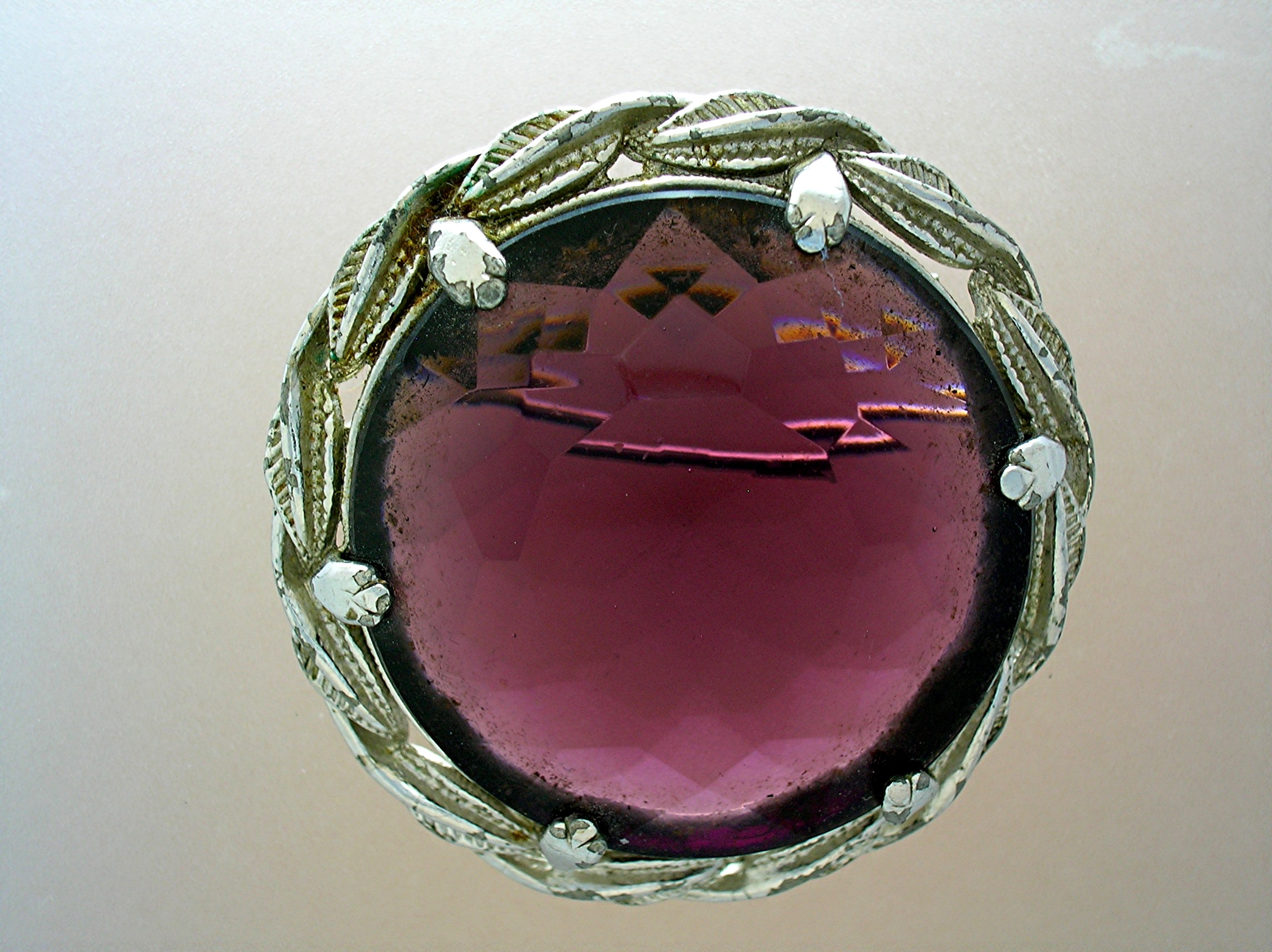 Silver Tone Leaves Amethyst Glass Brooch Pin 60s