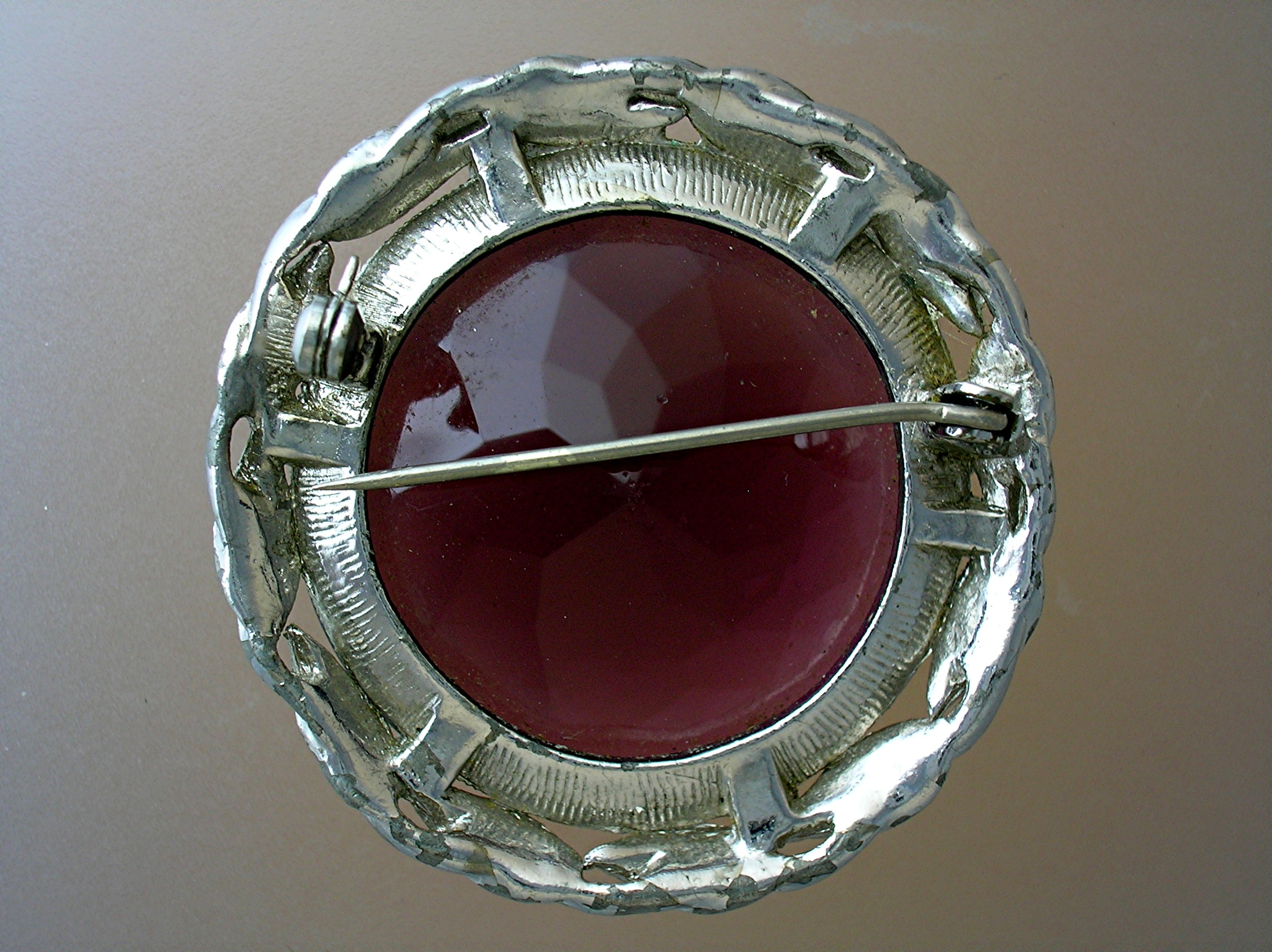 Silver Tone Leaves Amethyst Glass Brooch Pin 60s