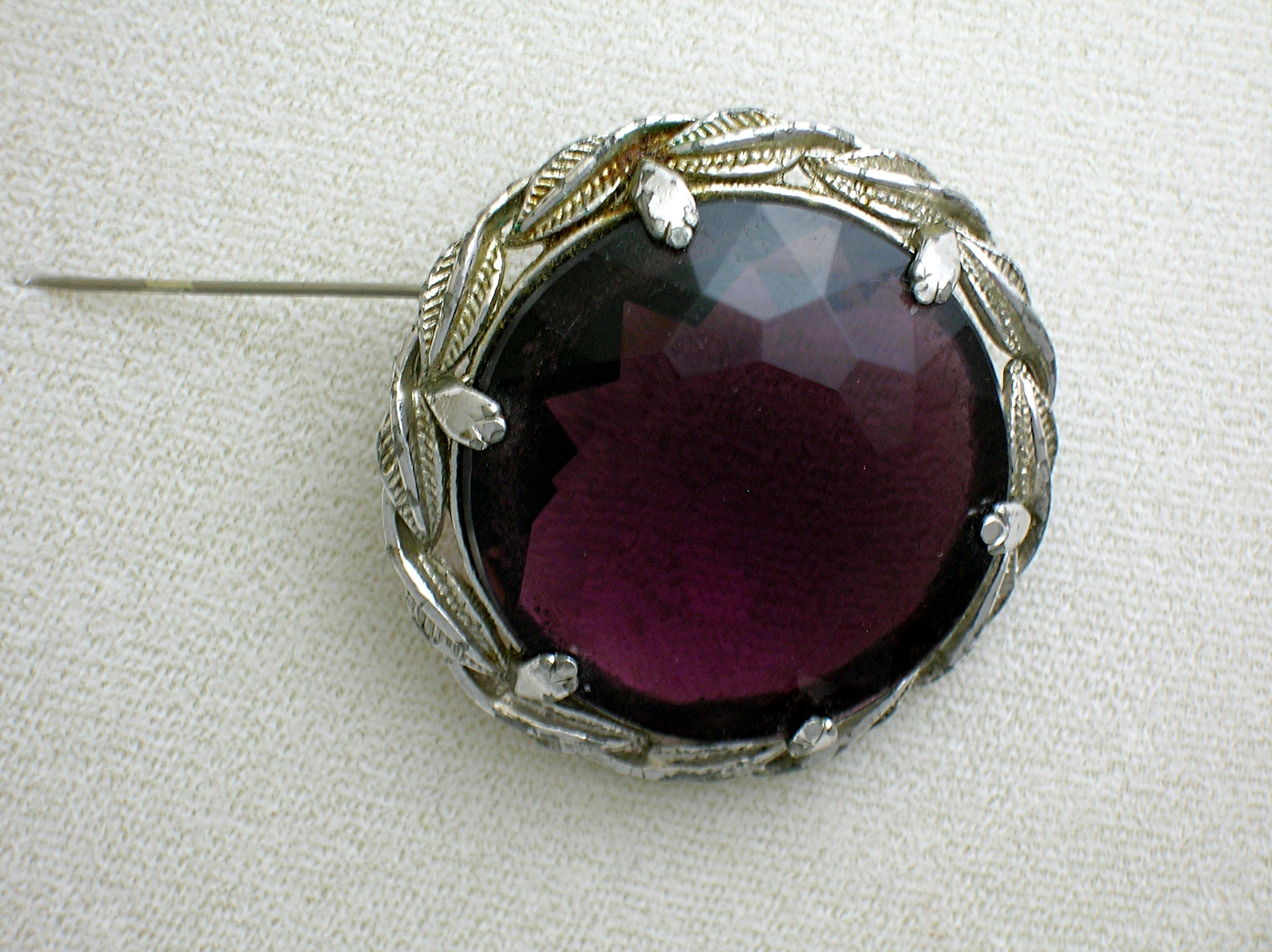 Silver Tone Leaves Amethyst Glass Brooch Pin 60s
