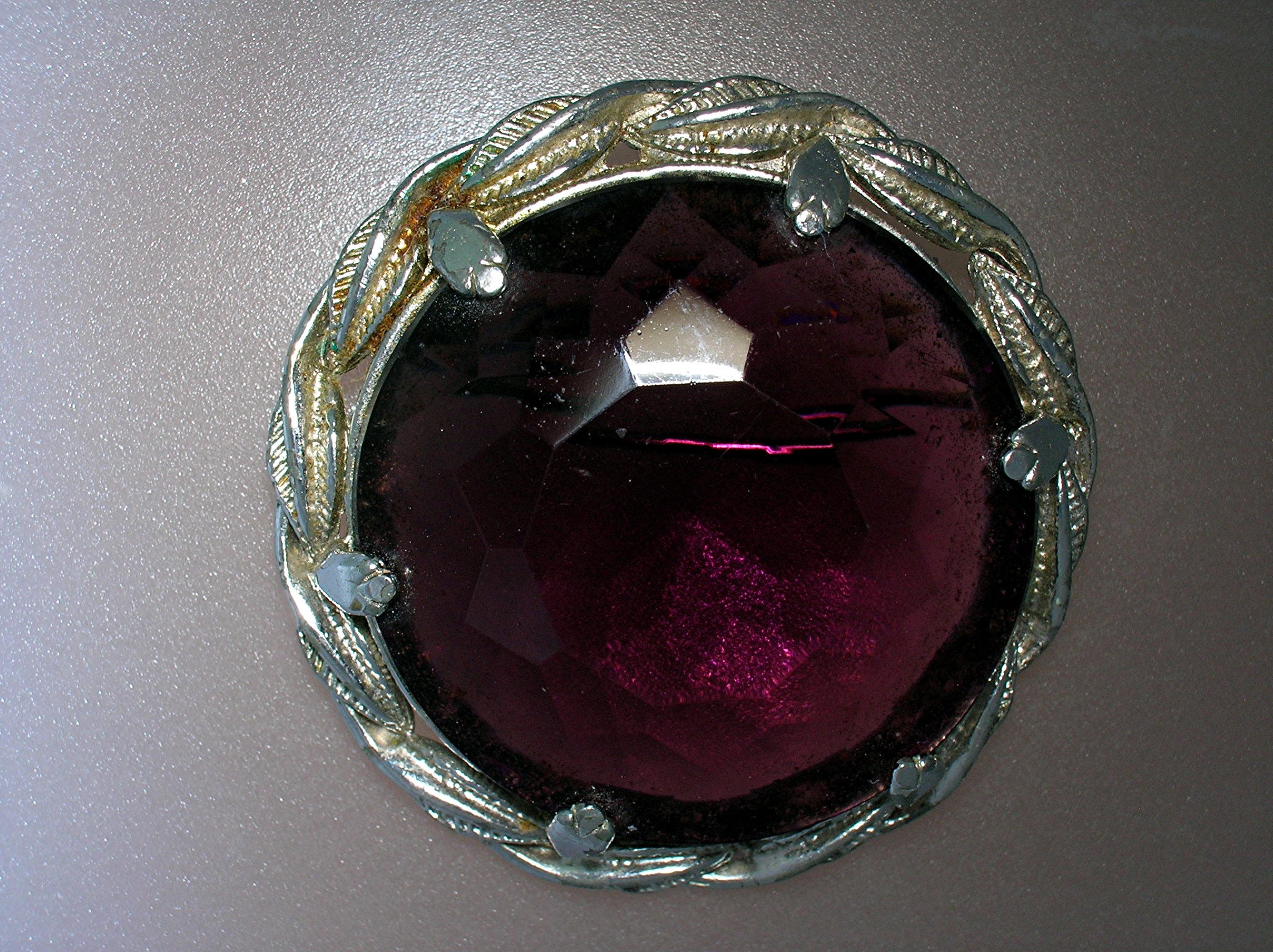 Silver Tone Leaves Amethyst Glass Brooch Pin 60s