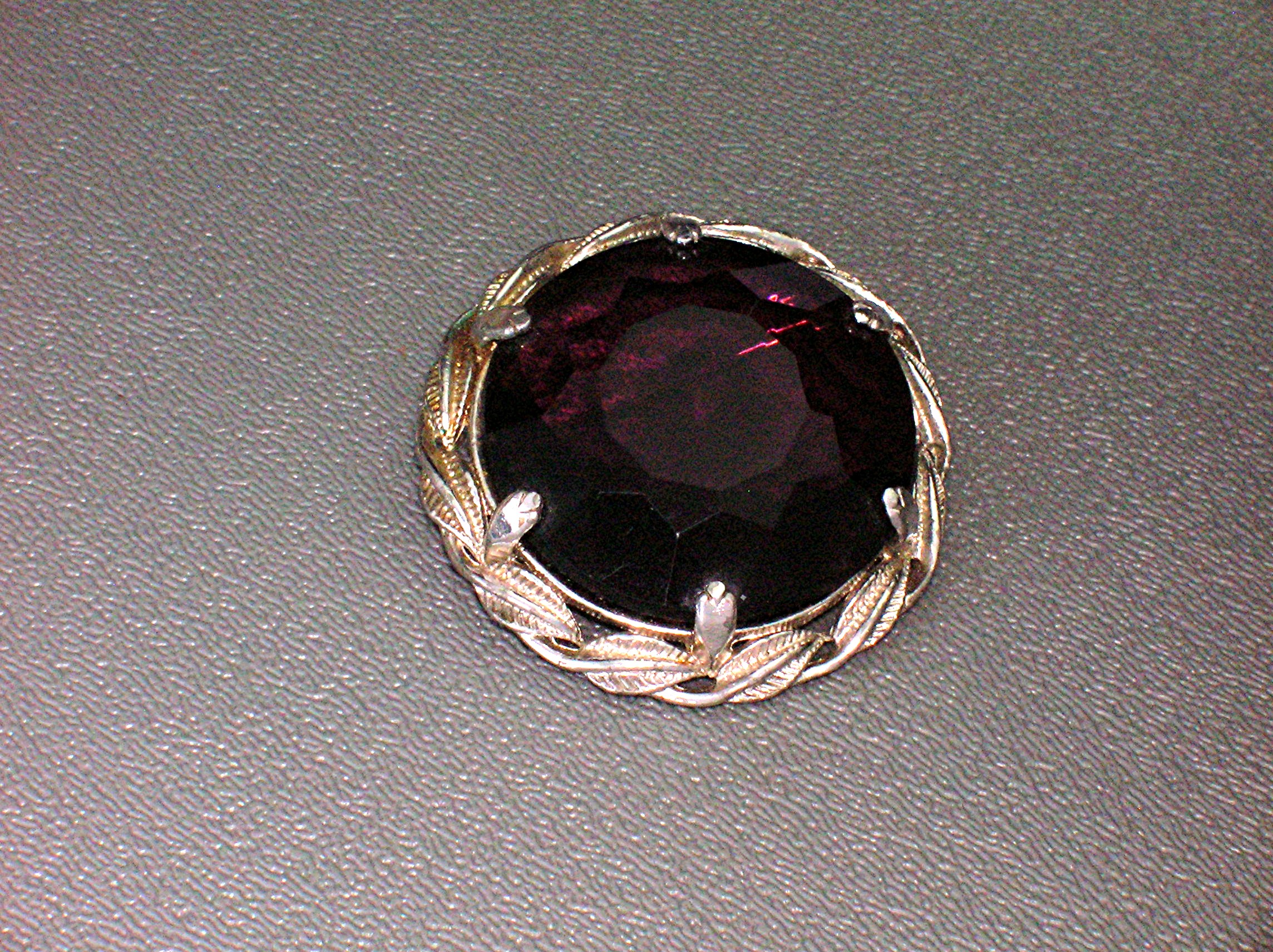 Silver Tone Leaves Amethyst Glass Brooch Pin 60s