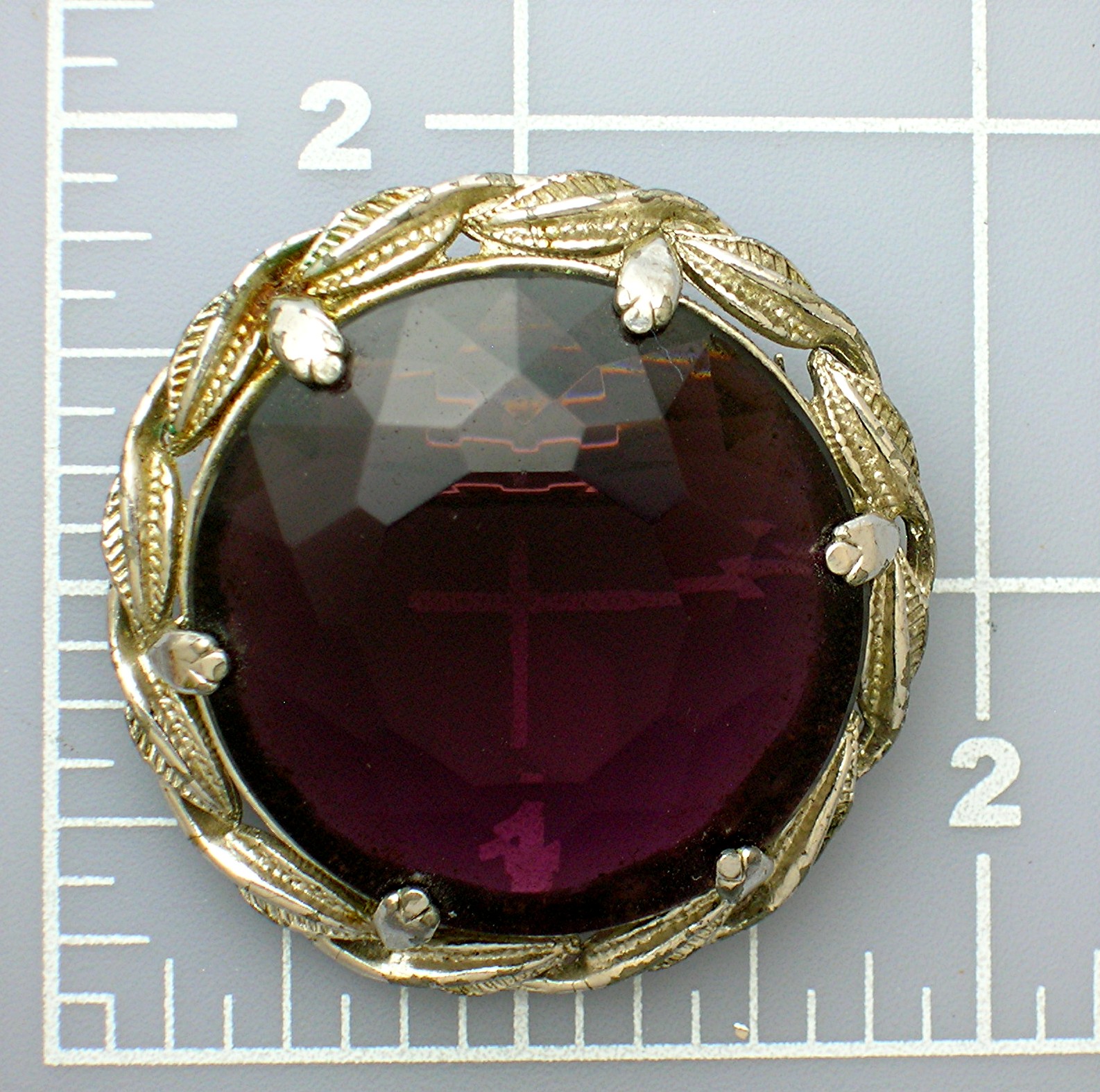 Silver Tone Leaves Amethyst Glass Brooch Pin 60s