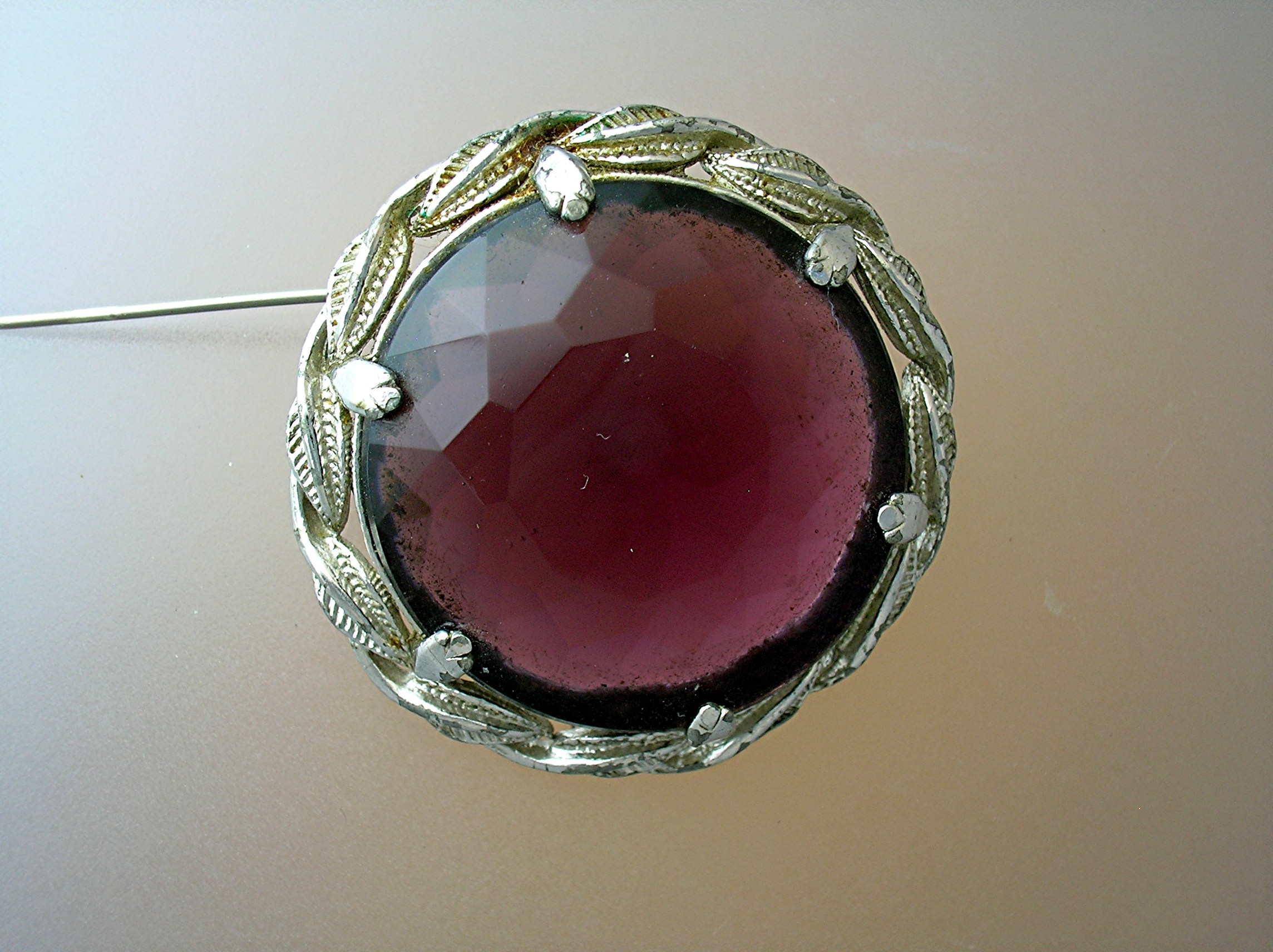 Silver Tone Leaves Amethyst Glass Brooch Pin 60s