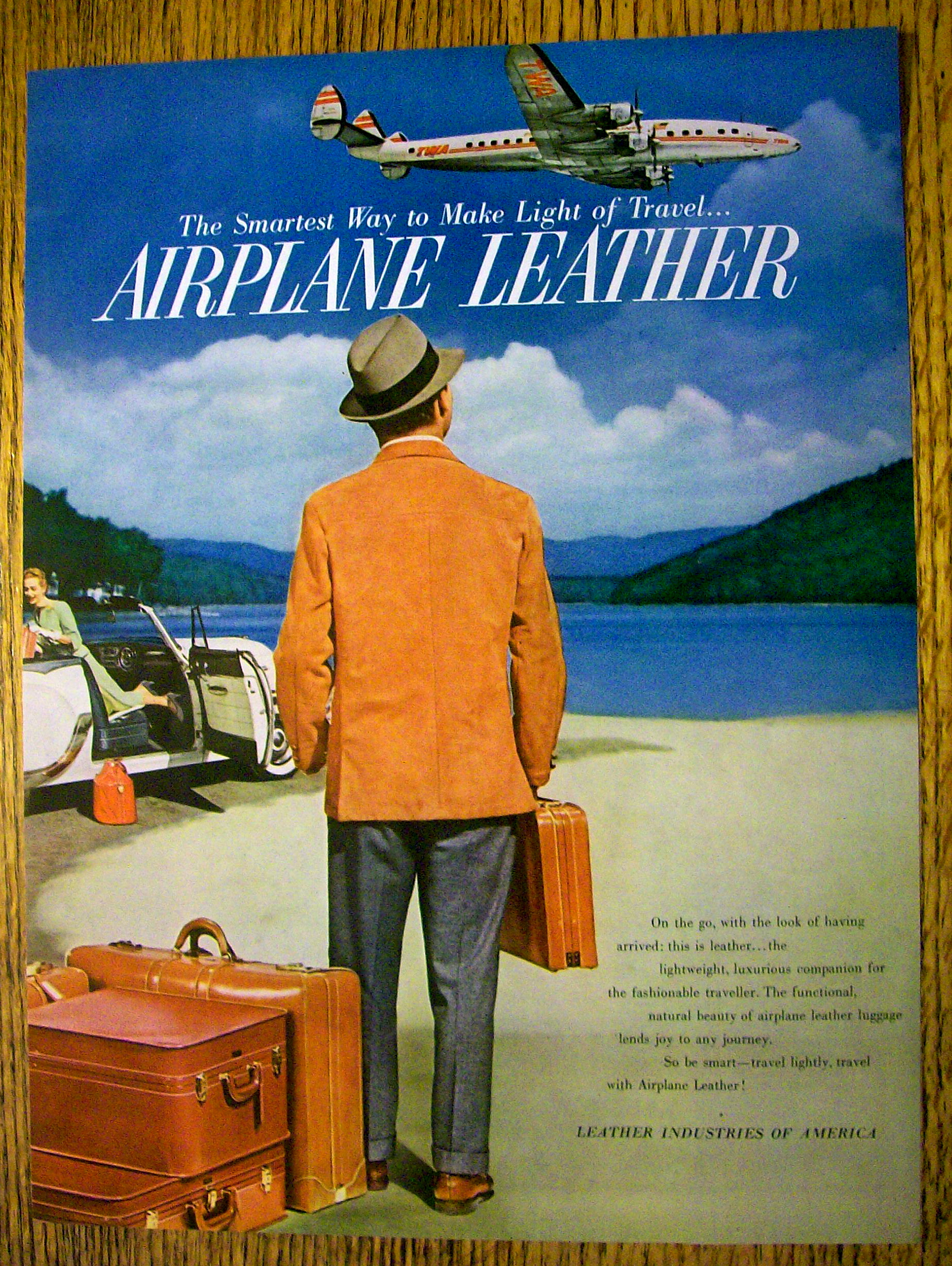 1954 Airplane Leather with Man Looking At Plane In Sky