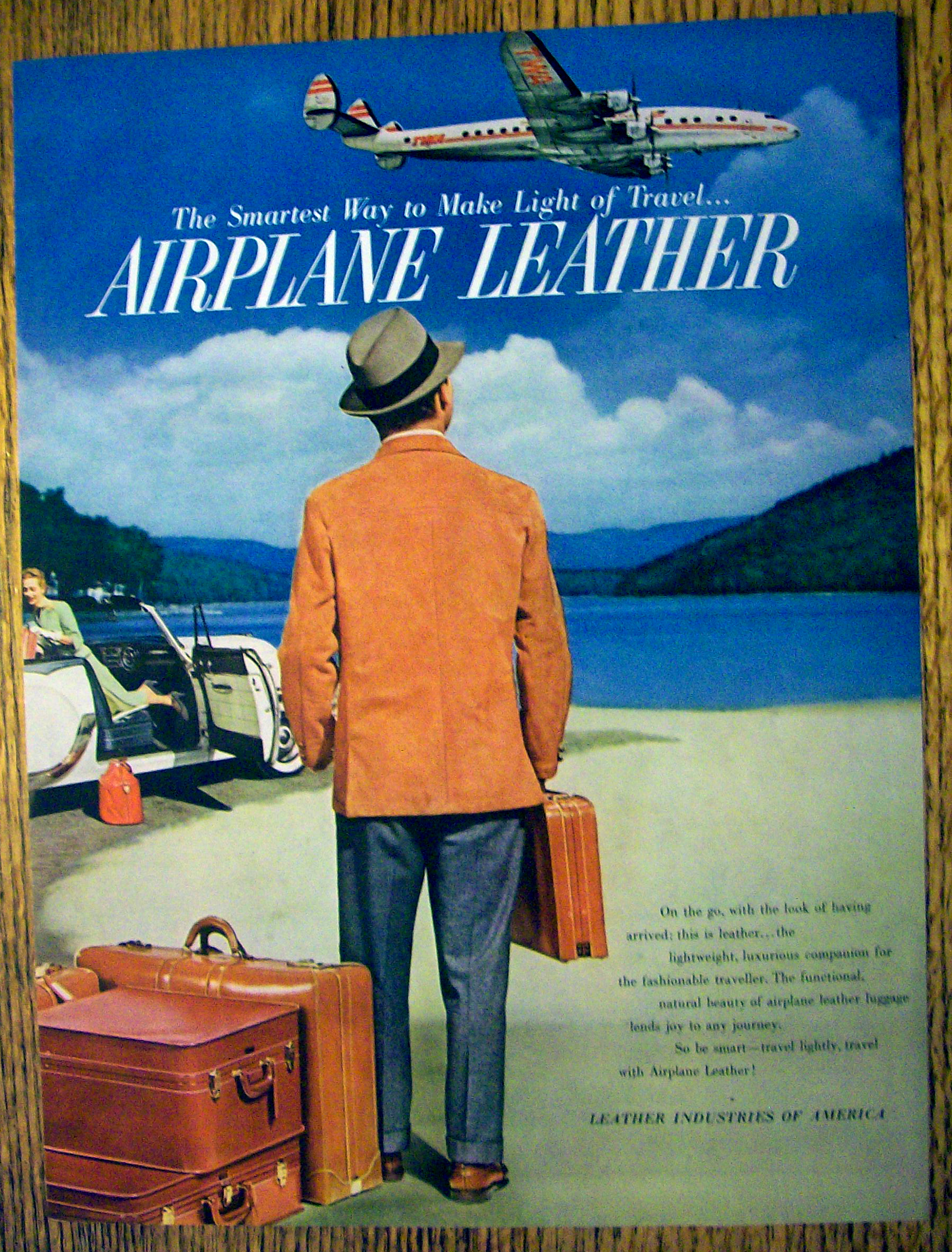 1954 Airplane Leather with Man Looking At Plane In Sky