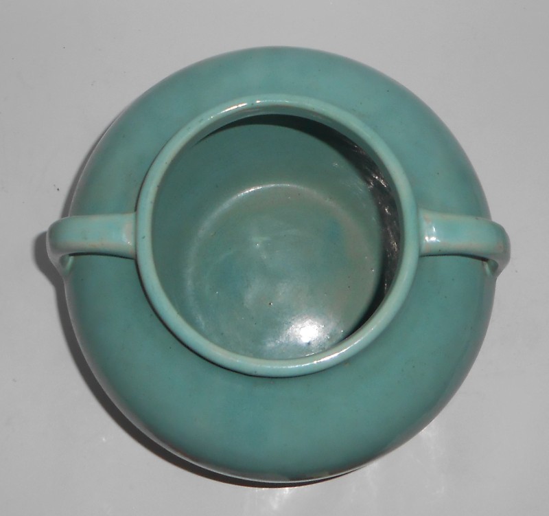 VINTAGE Zanesville Stoneware Art Pottery #B-17 Seacrest Green Twin Handle Vase