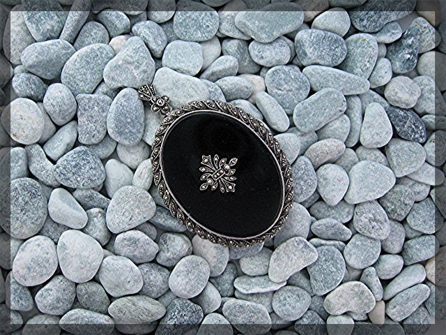 Sterling Silver Marquisite Onyx Antique Brooch Pendant