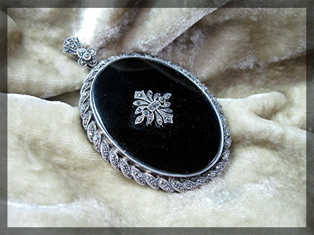 Sterling Silver Marquisite Onyx Antique Brooch Pendant