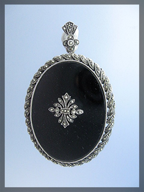 Sterling Silver Marquisite Onyx Antique Brooch Pendant
